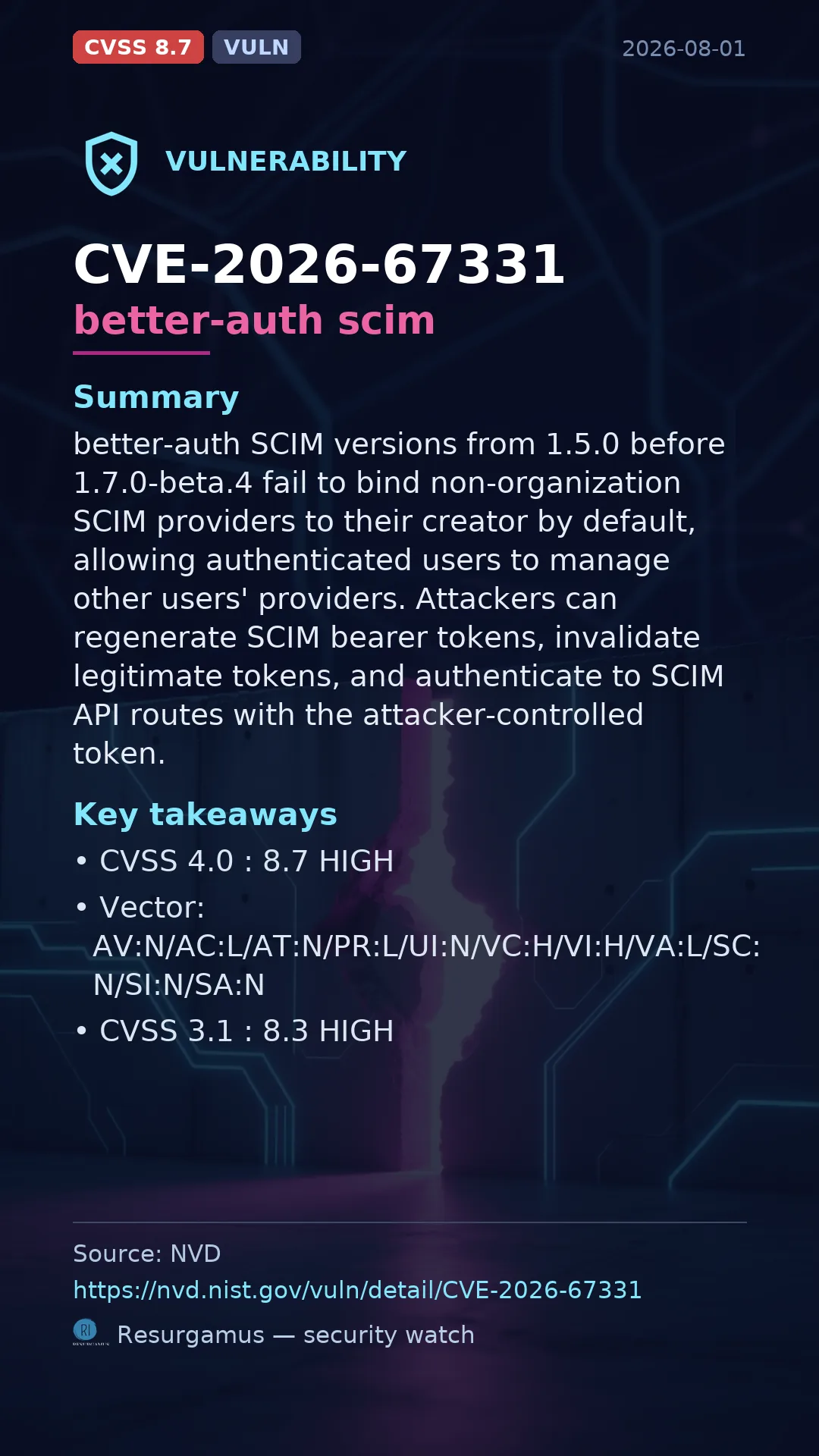 CVE-2026-67331 better-auth scim Vulnerability