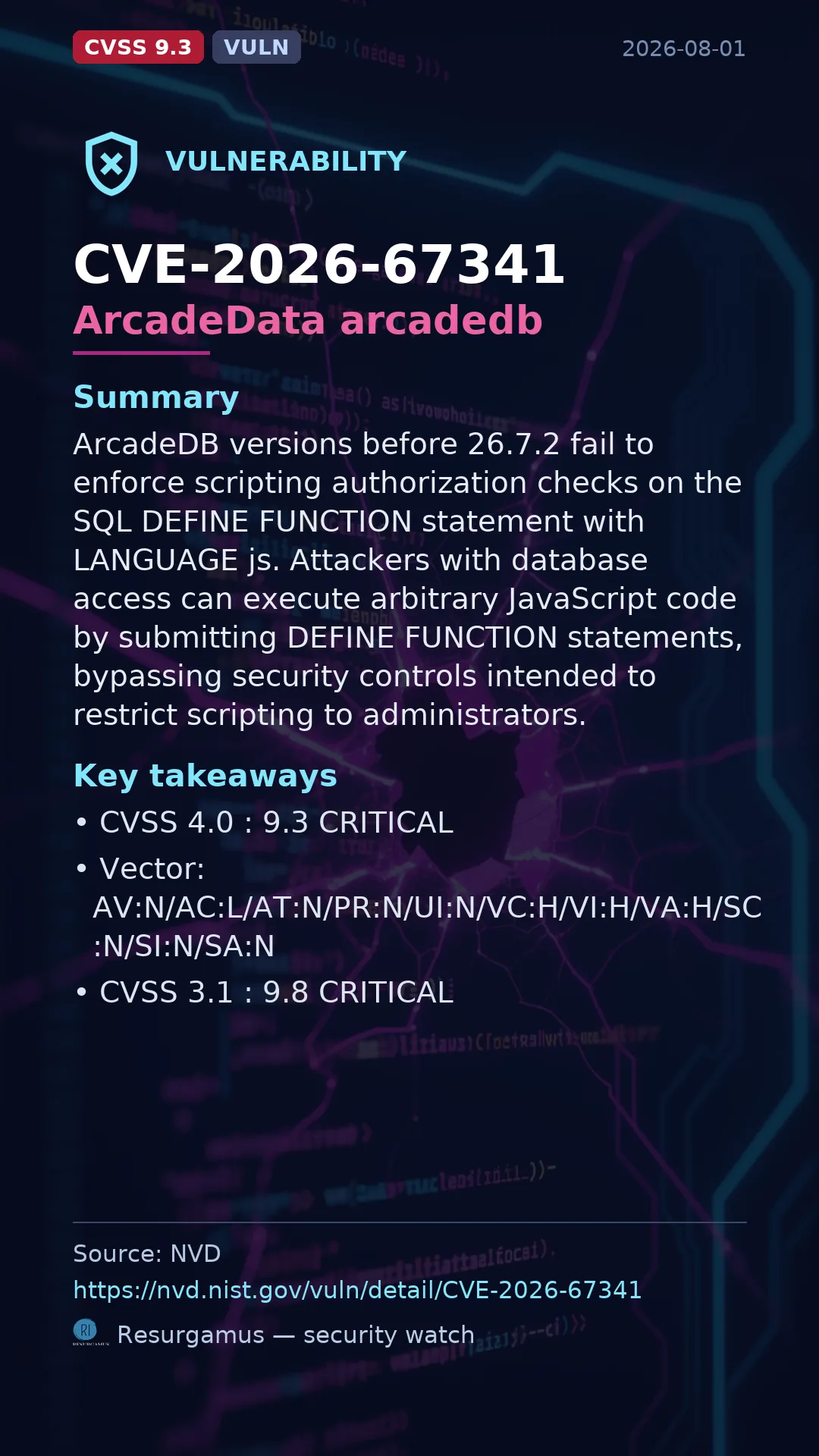 CVE-2026-67341 ArcadeData arcadedb Vulnerability