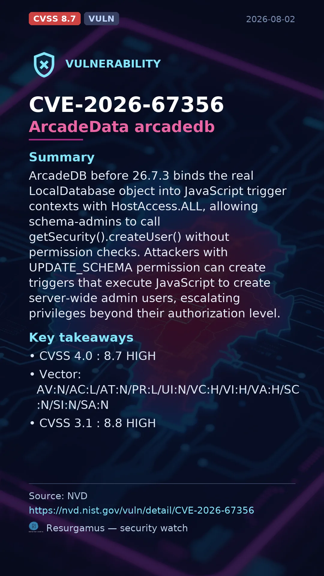 CVE-2026-67356 ArcadeData arcadedb Vulnerability