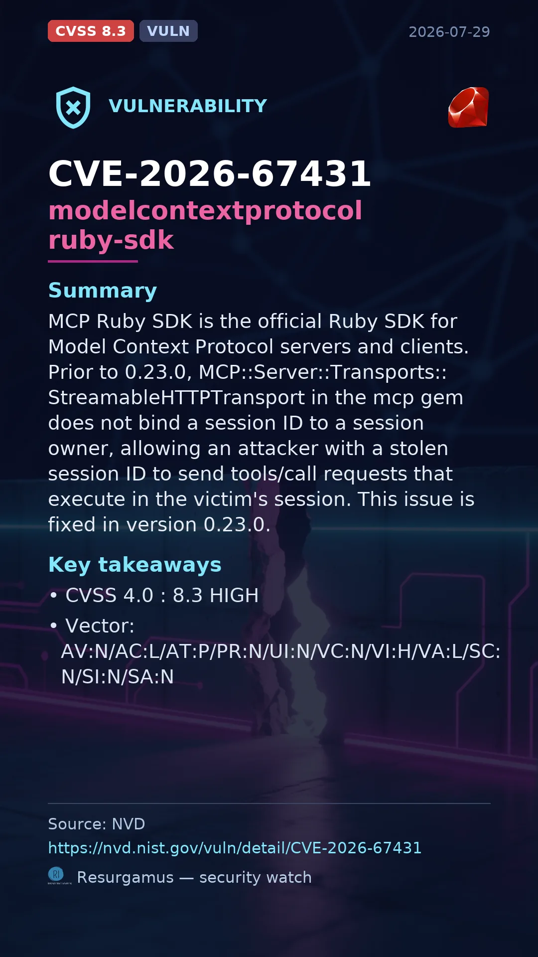 CVE-2026-67431 modelcontextprotocol ruby-sdk Vulnerability