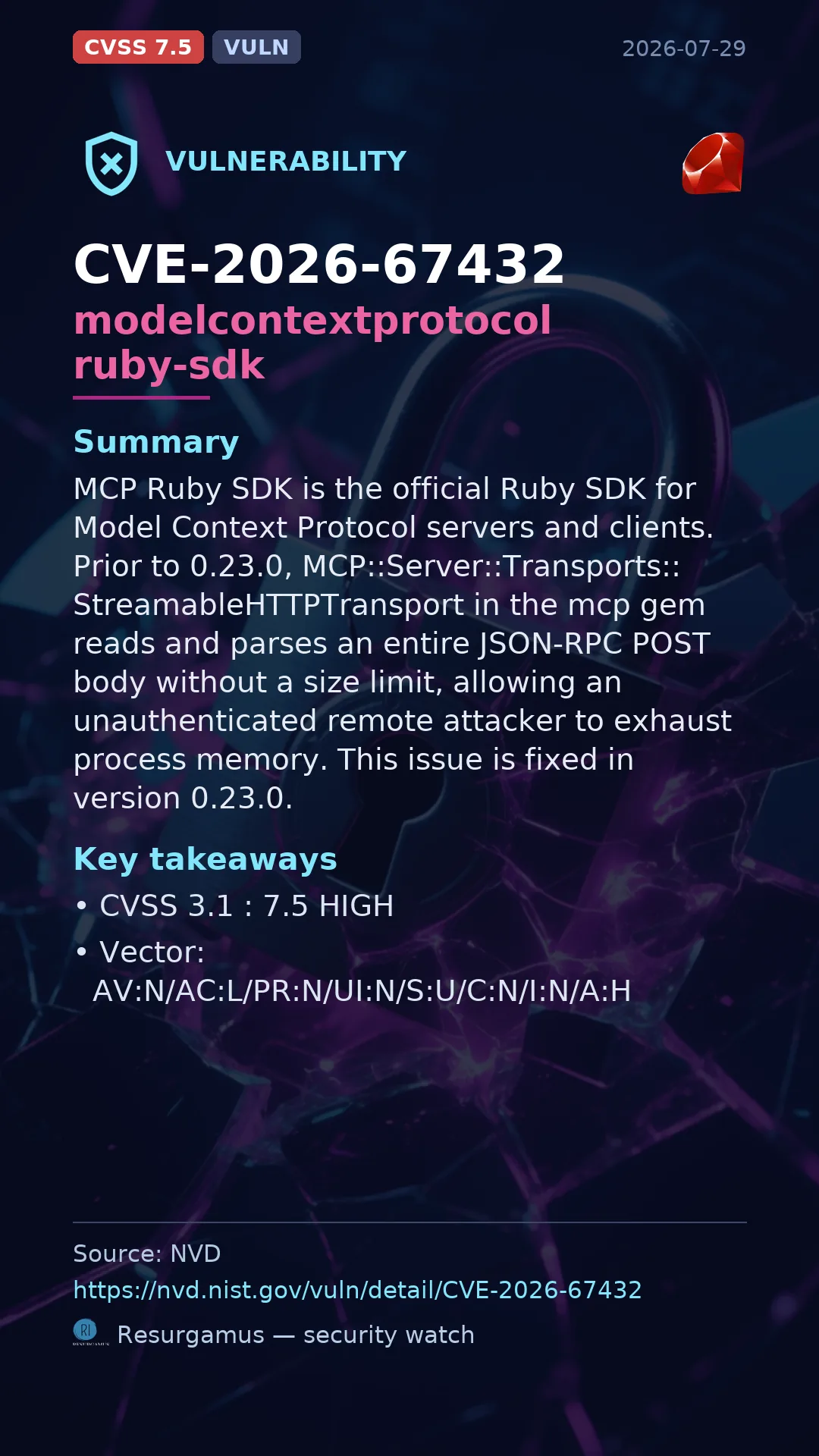 CVE-2026-67432 modelcontextprotocol ruby-sdk Vulnerability