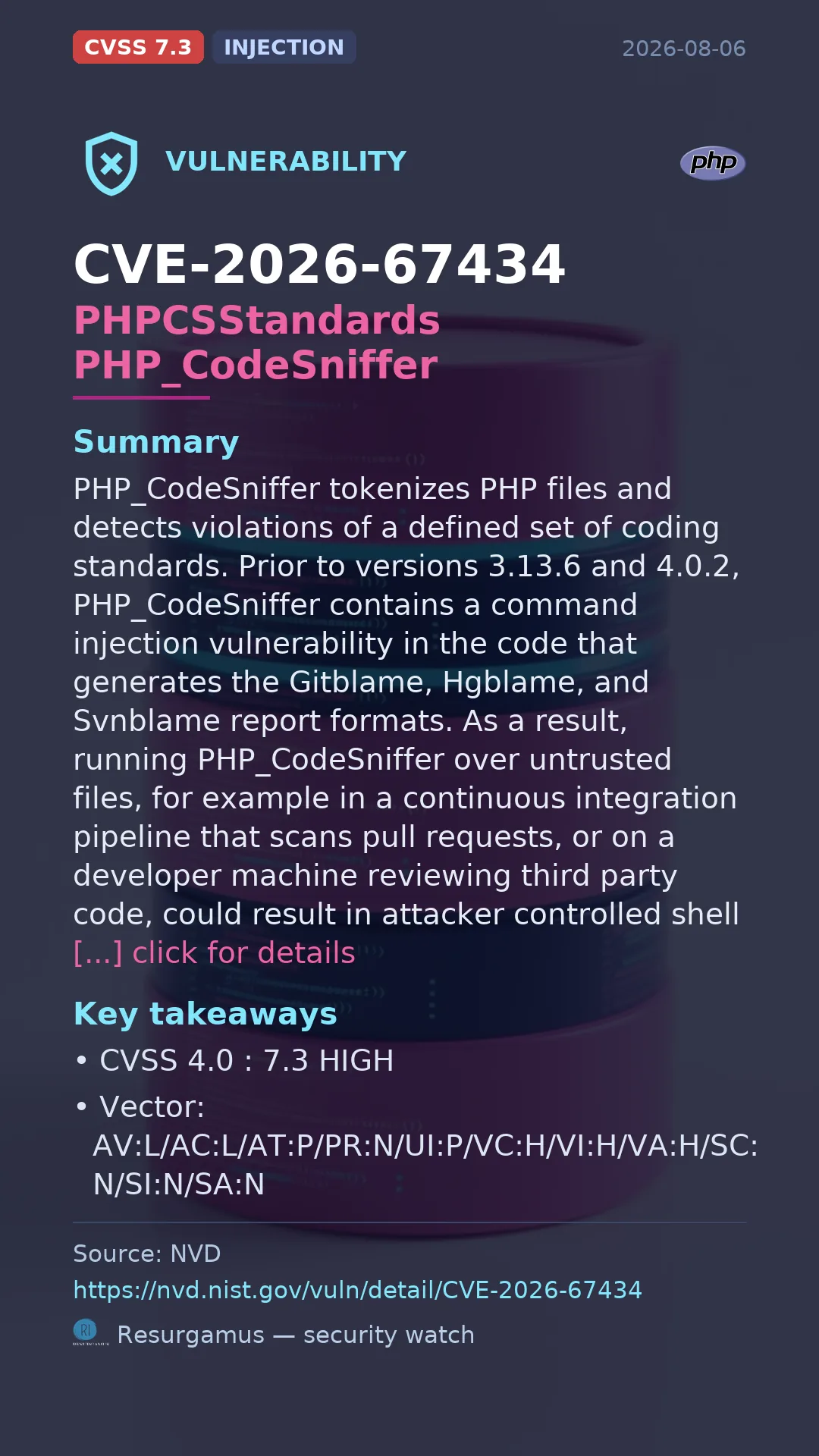 CVE-2026-67434 PHPCSStandards PHP_CodeSniffer Vulnerability