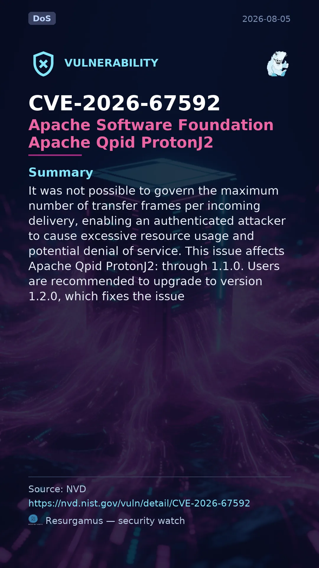 CVE-2026-67592 Apache Software Foundation Apache Qpid ProtonJ2 Vulnerability