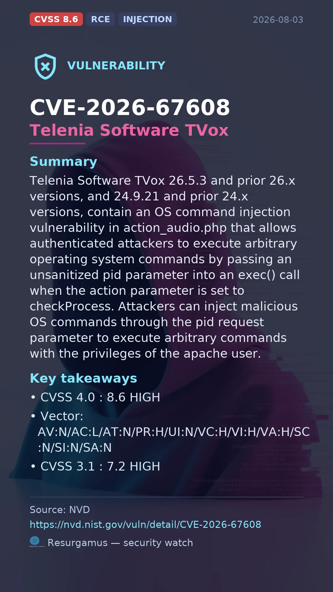 CVE-2026-67608 Telenia Software TVox Vulnerability
