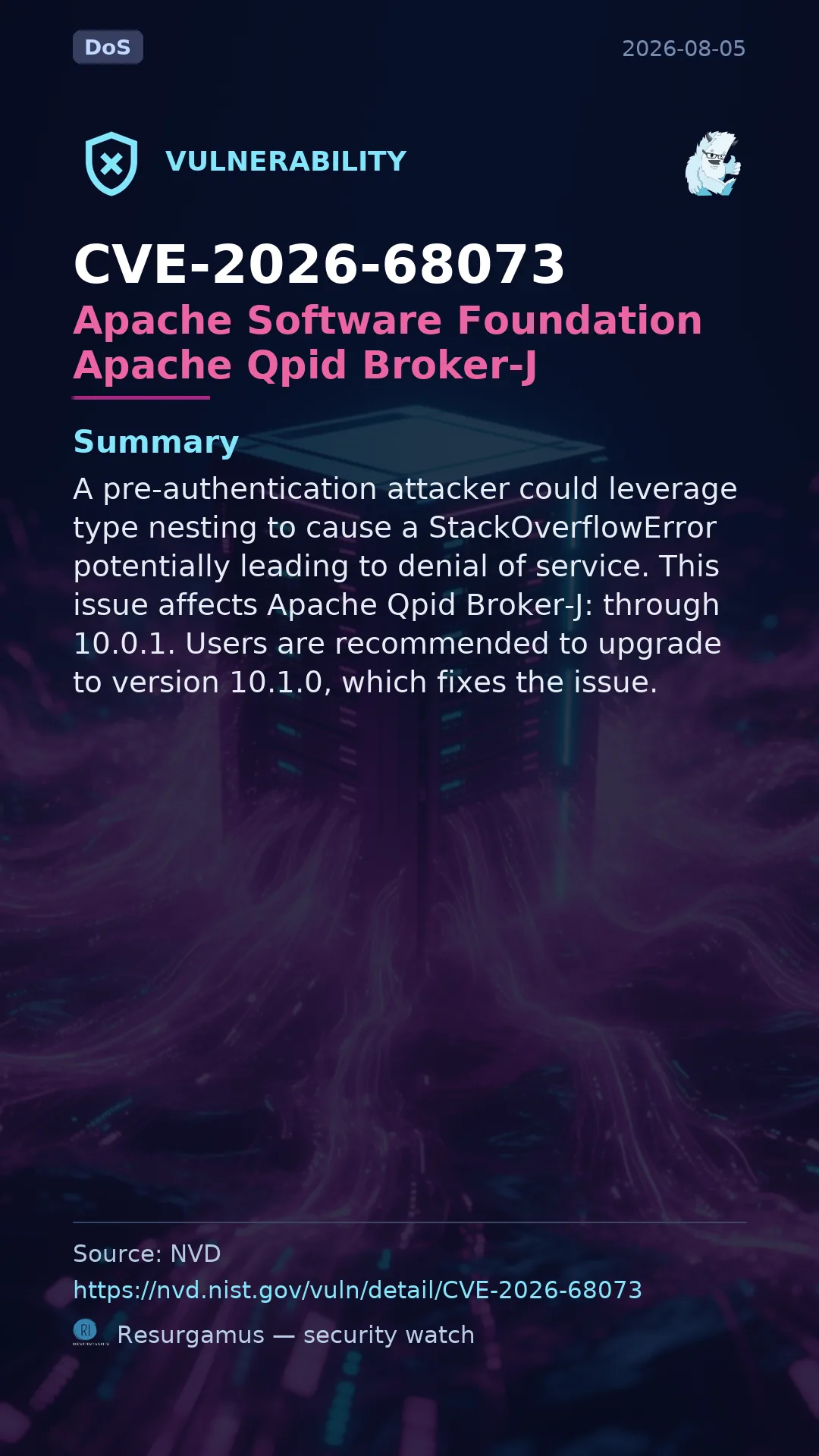 CVE-2026-68073 Apache Software Foundation Apache Qpid Broker-J Vulnerability