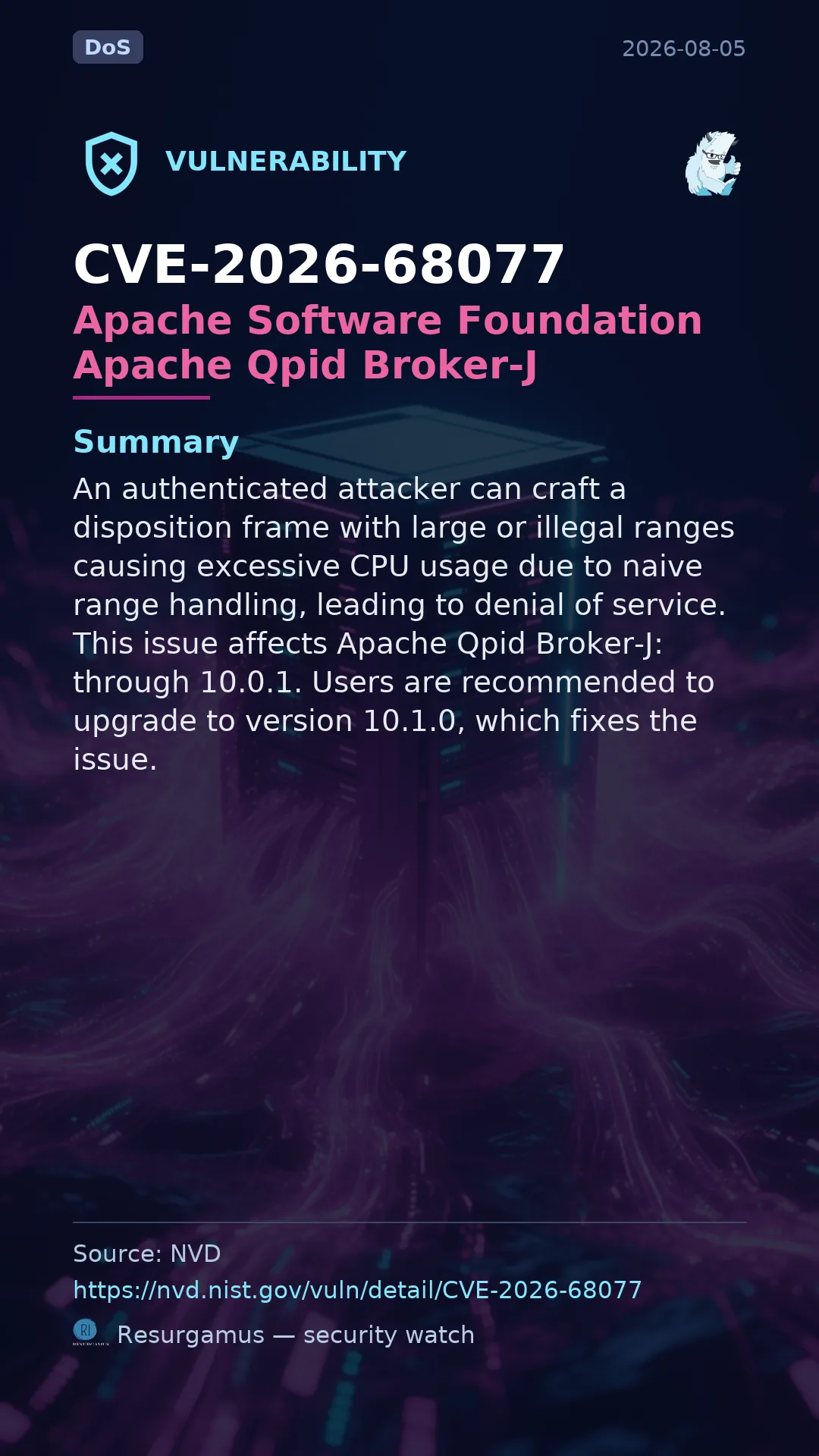 CVE-2026-68077 Apache Software Foundation Apache Qpid Broker-J Vulnerability