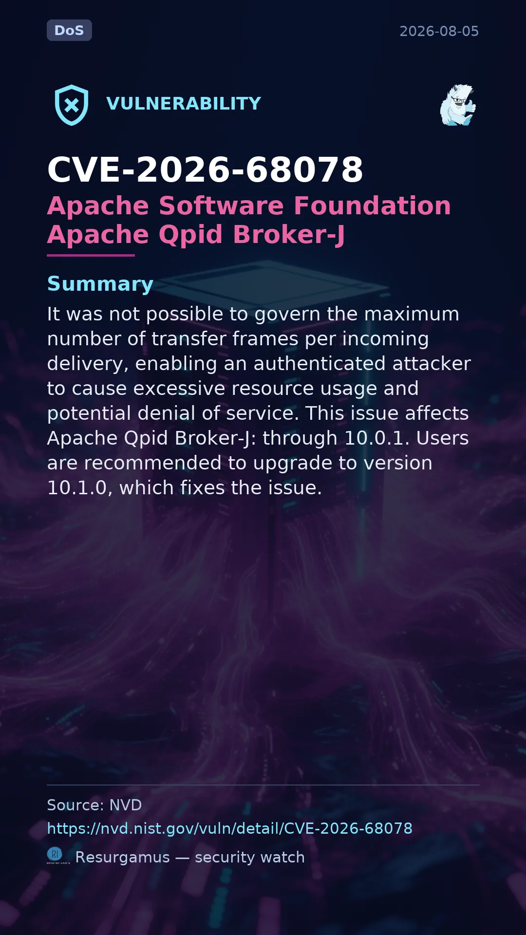 CVE-2026-68078 Apache Software Foundation Apache Qpid Broker-J Vulnerability