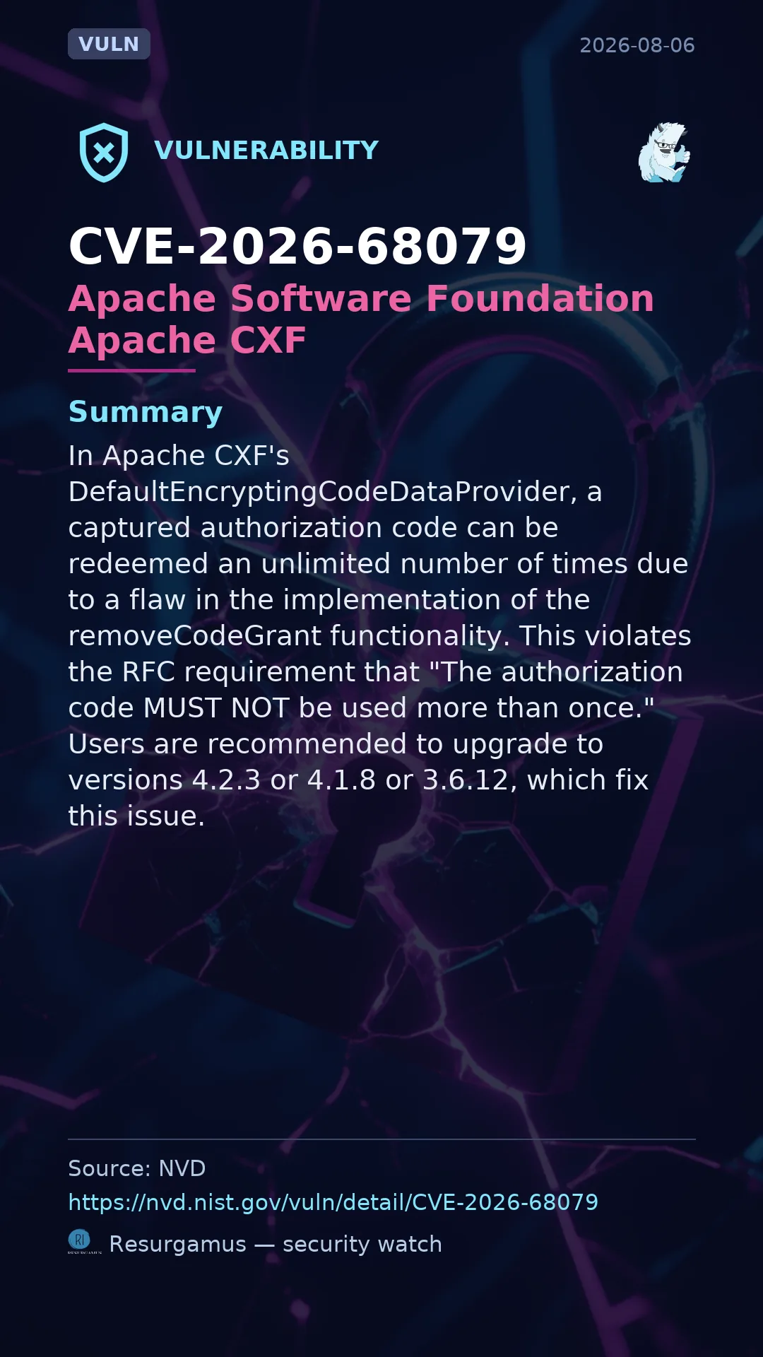 CVE-2026-68079 Apache Software Foundation Apache CXF Vulnerability