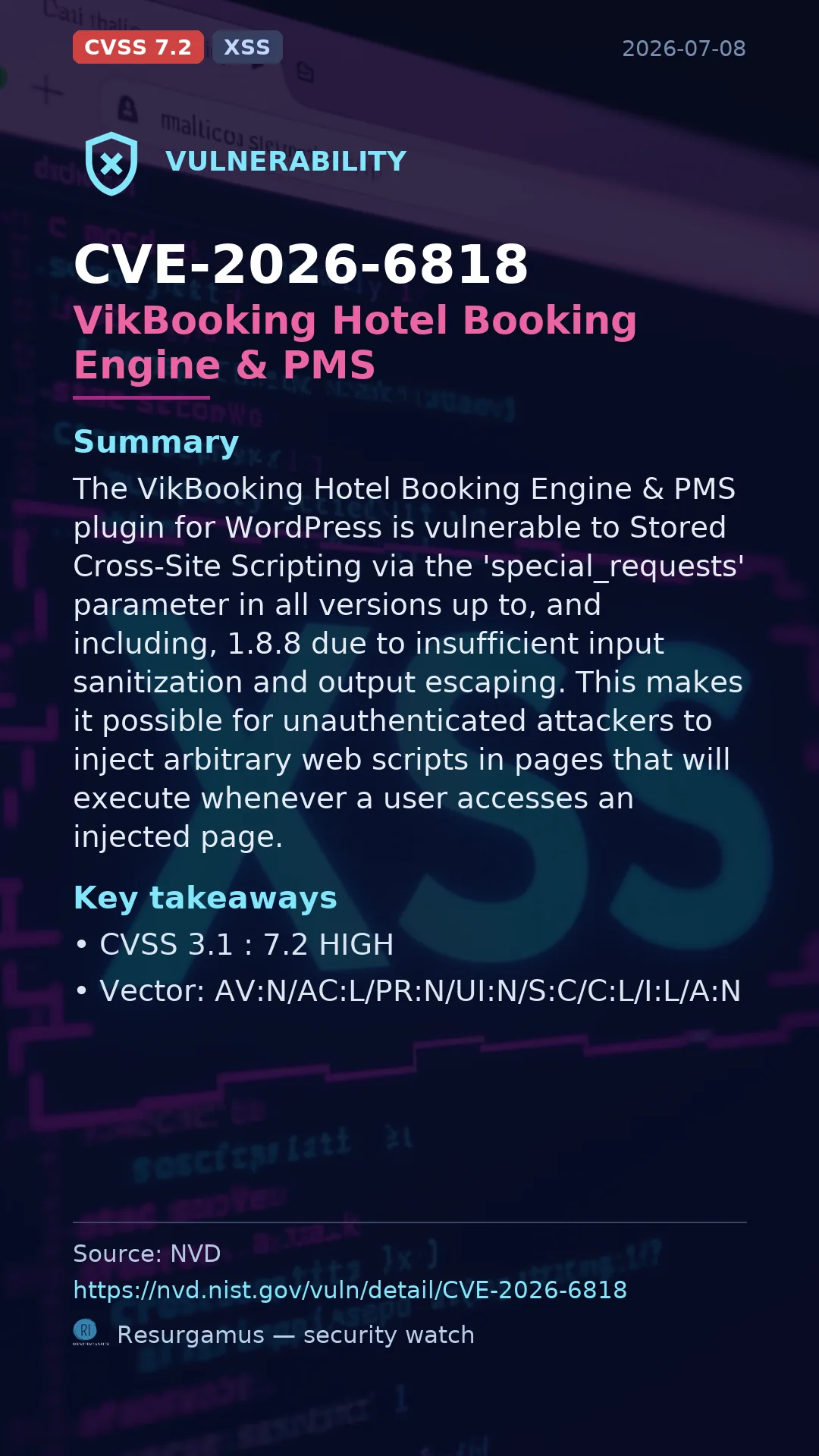 CVE-2026-6818 VikBooking Hotel Booking Engine & PMS Vulnerability