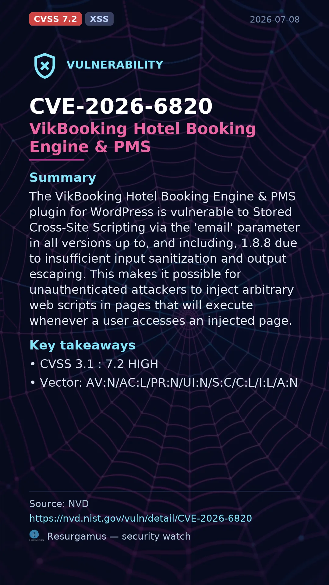 CVE-2026-6820 VikBooking Hotel Booking Engine & PMS Vulnerability