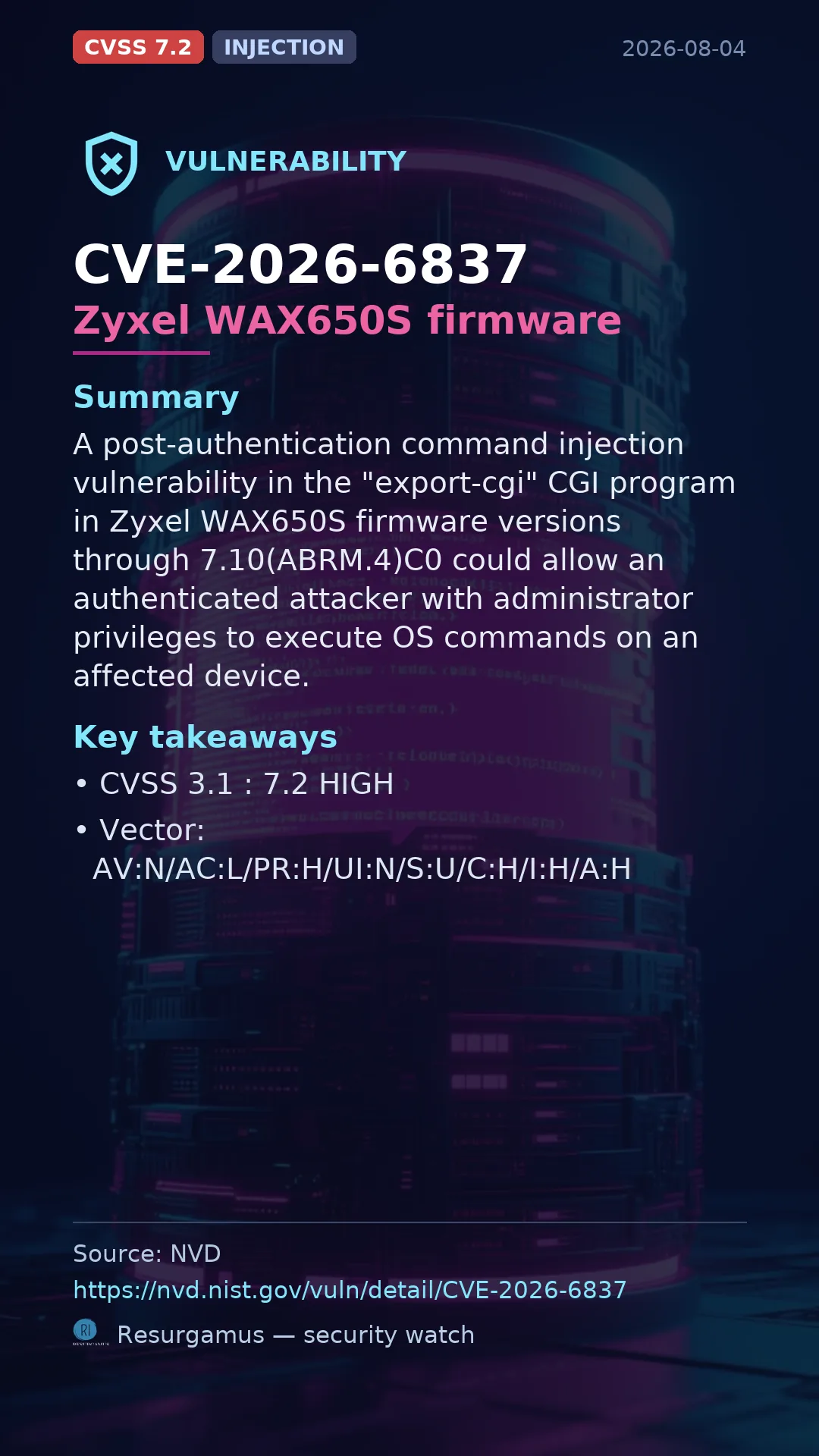 CVE-2026-6837 Zyxel WAX650S firmware Vulnerability