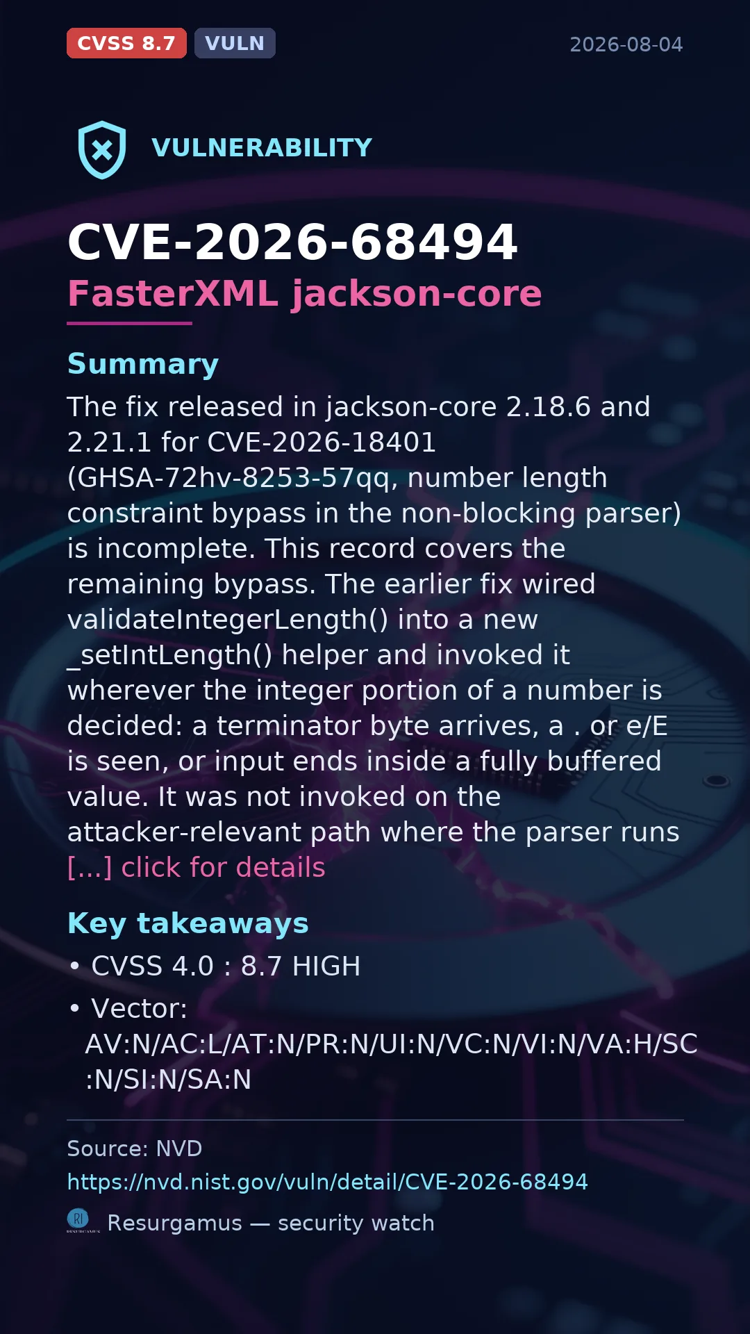 CVE-2026-68494 FasterXML jackson-core Vulnerability