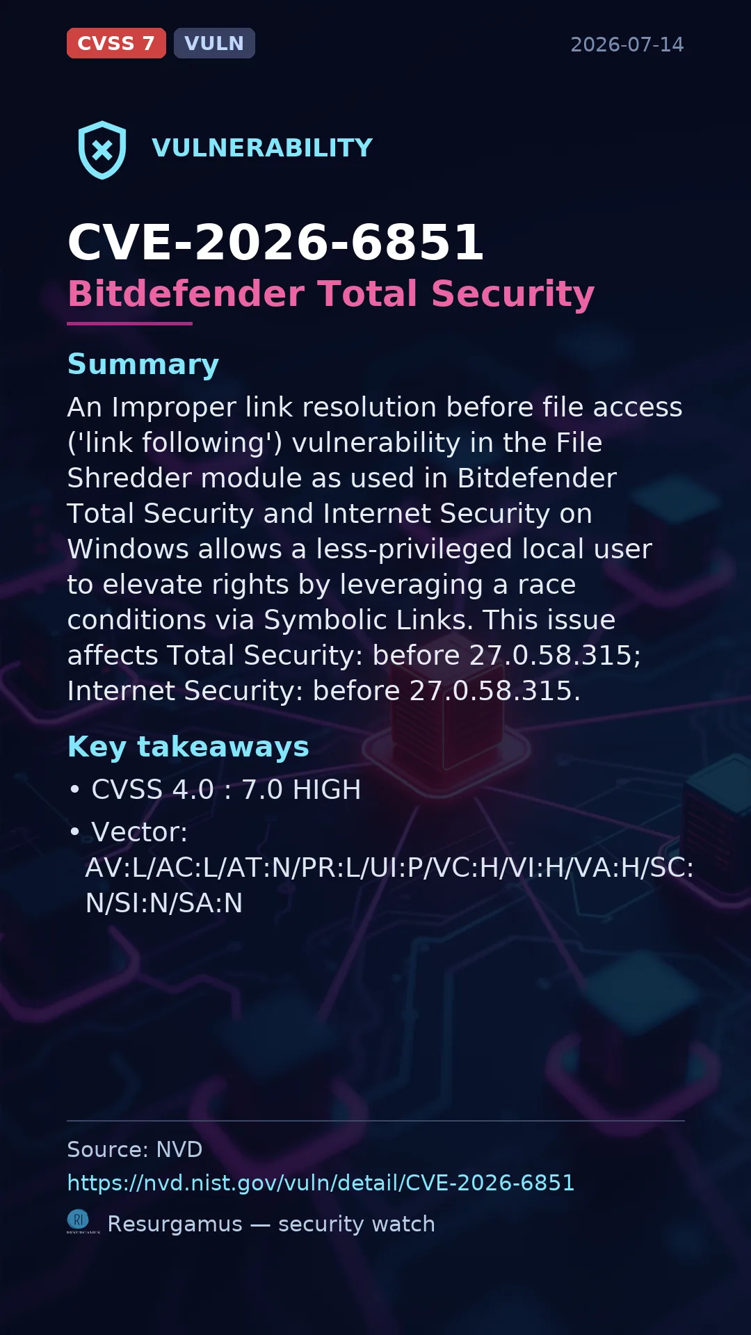 CVE-2026-6851 Bitdefender Total Security Vulnerability