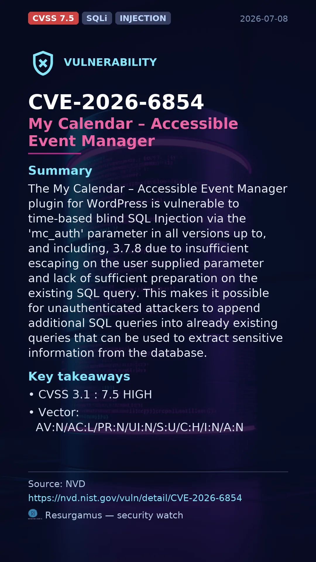 CVE-2026-6854 My Calendar – Accessible Event Manager Vulnerability