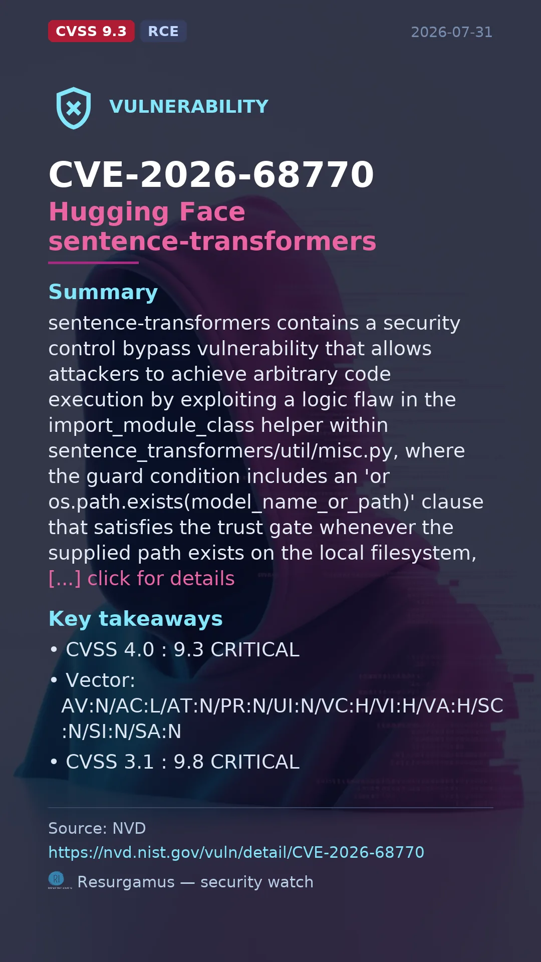 CVE-2026-68770 Hugging Face sentence-transformers Vulnerability