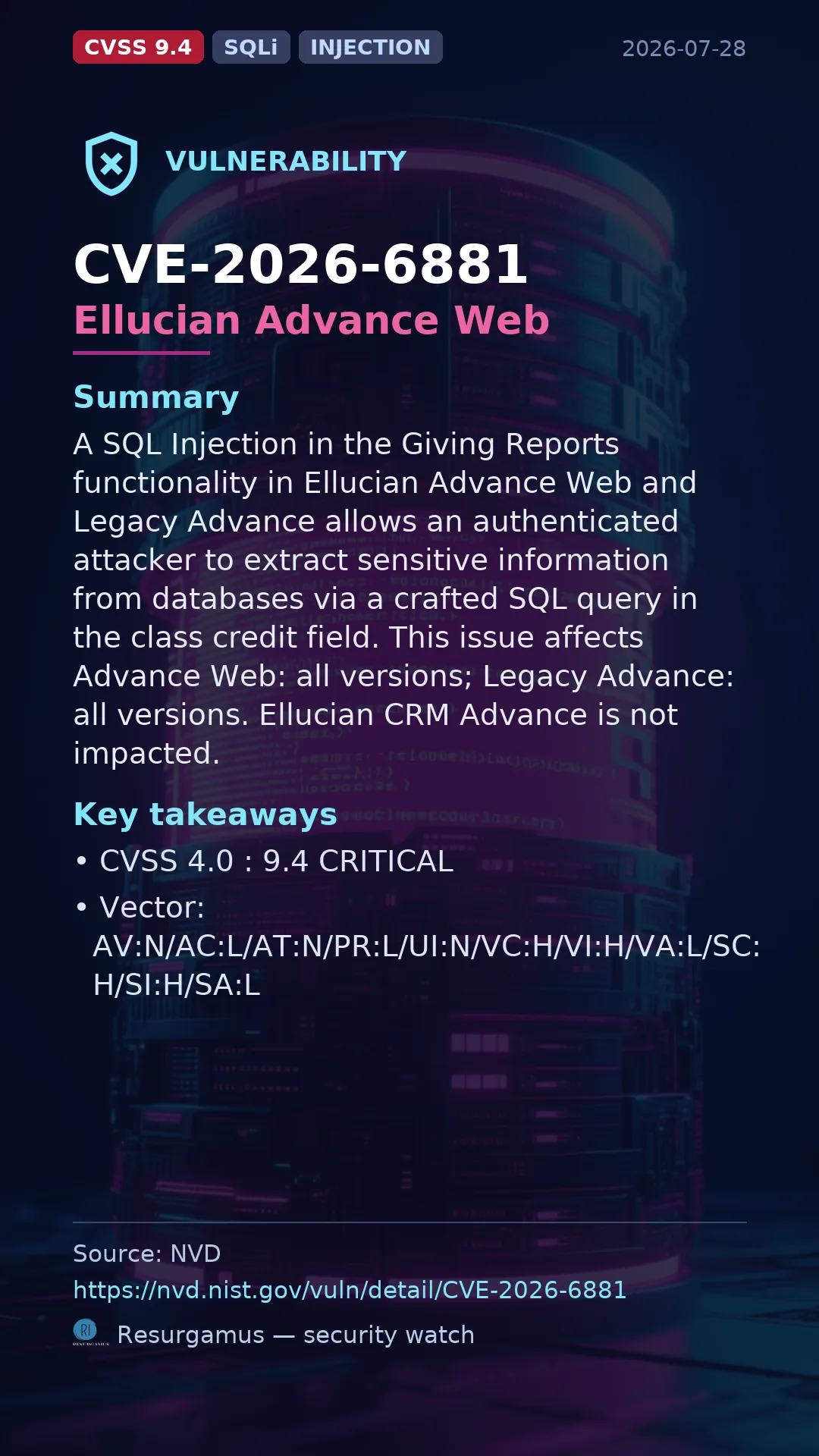CVE-2026-6881 Ellucian Advance Web Vulnerability