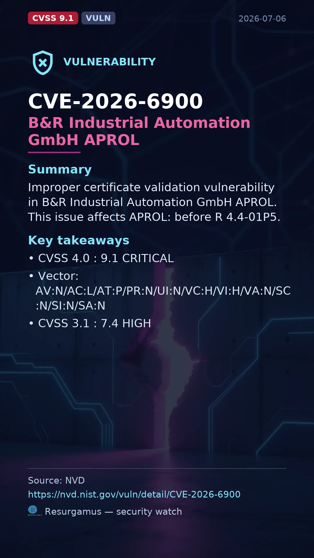CVE-2026-6900 B&R Industrial Automation GmbH APROL Vulnerability