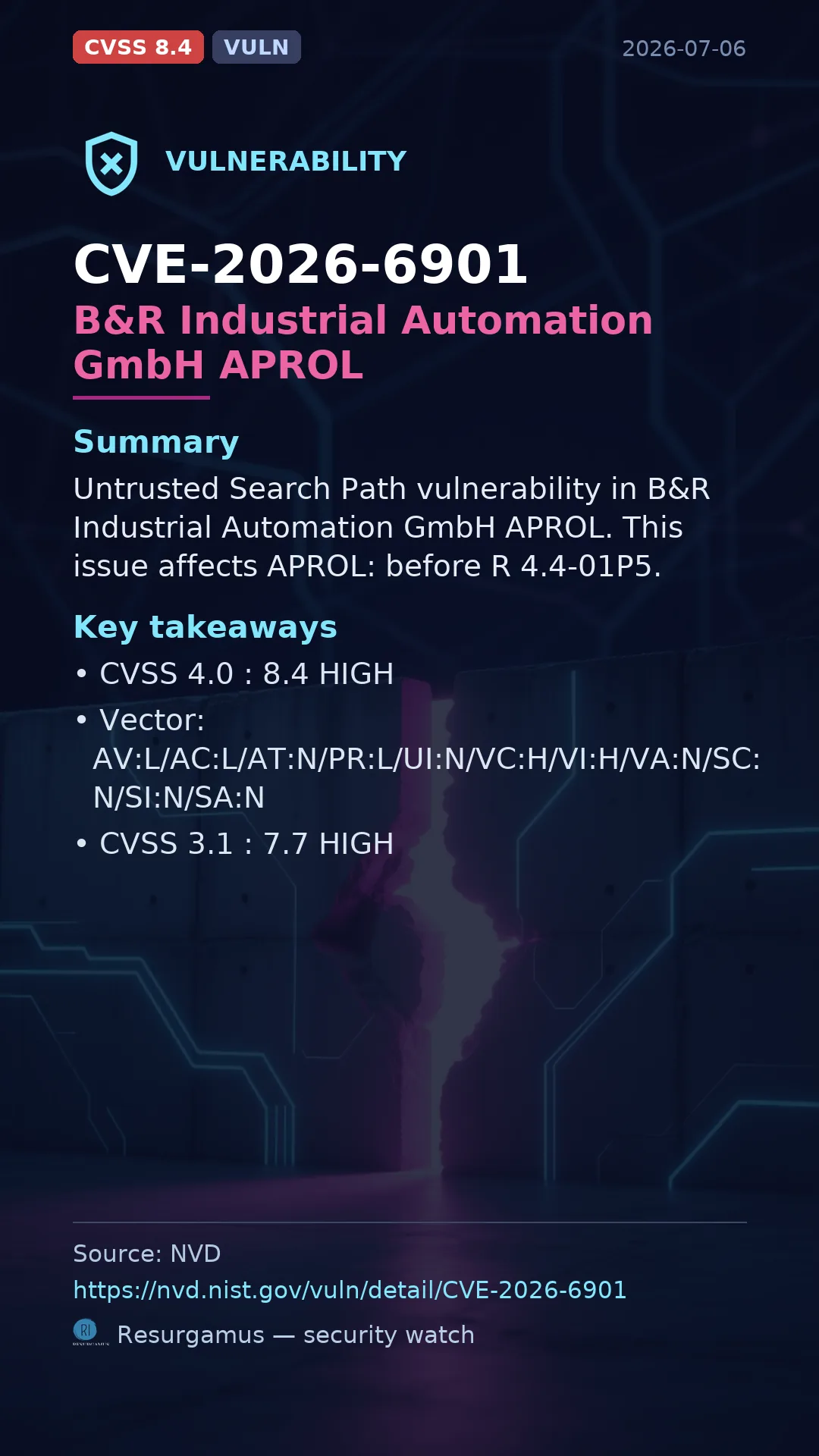 CVE-2026-6901 B&R Industrial Automation GmbH APROL Vulnerability