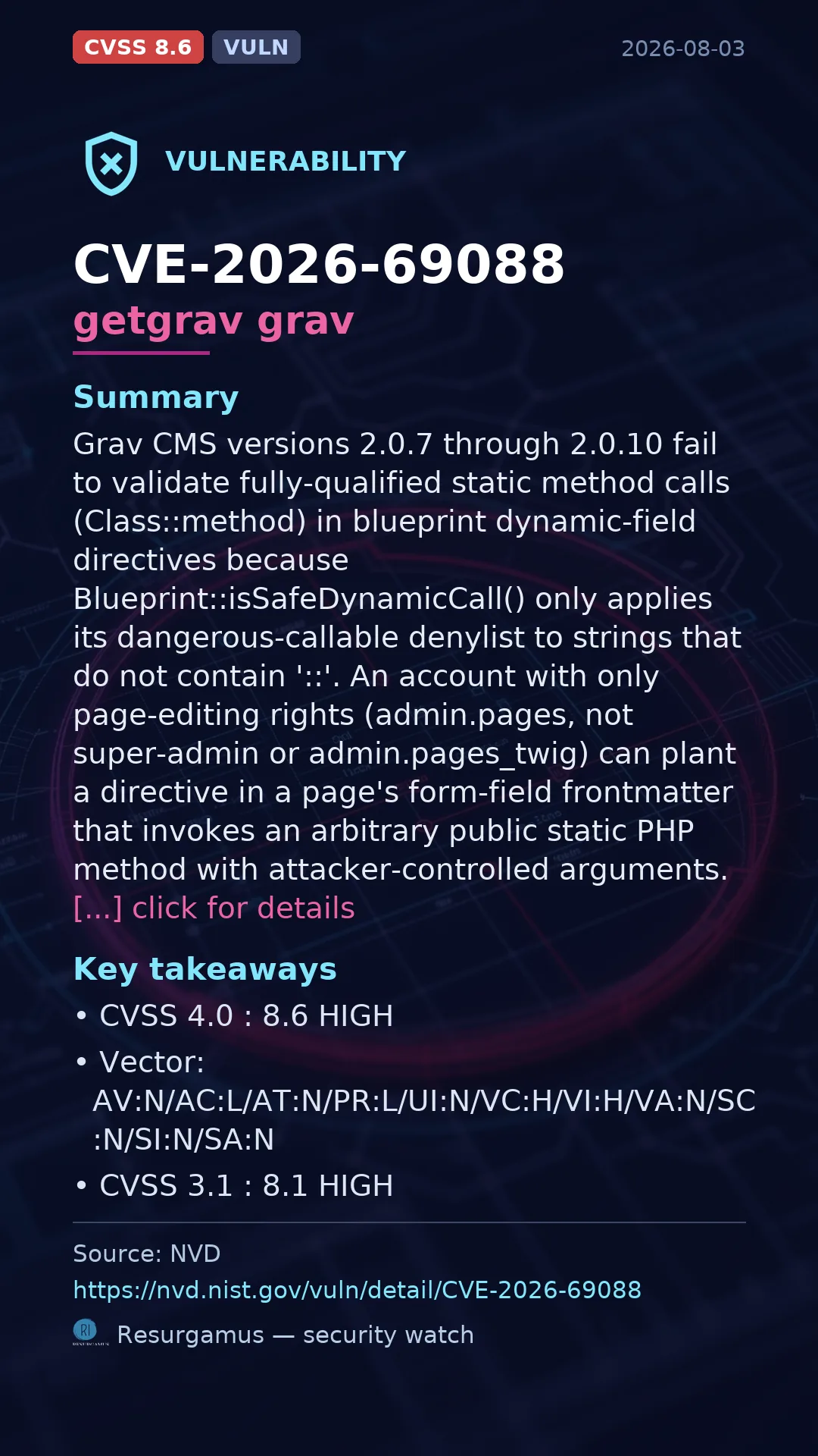 CVE-2026-69088 getgrav grav Vulnerability