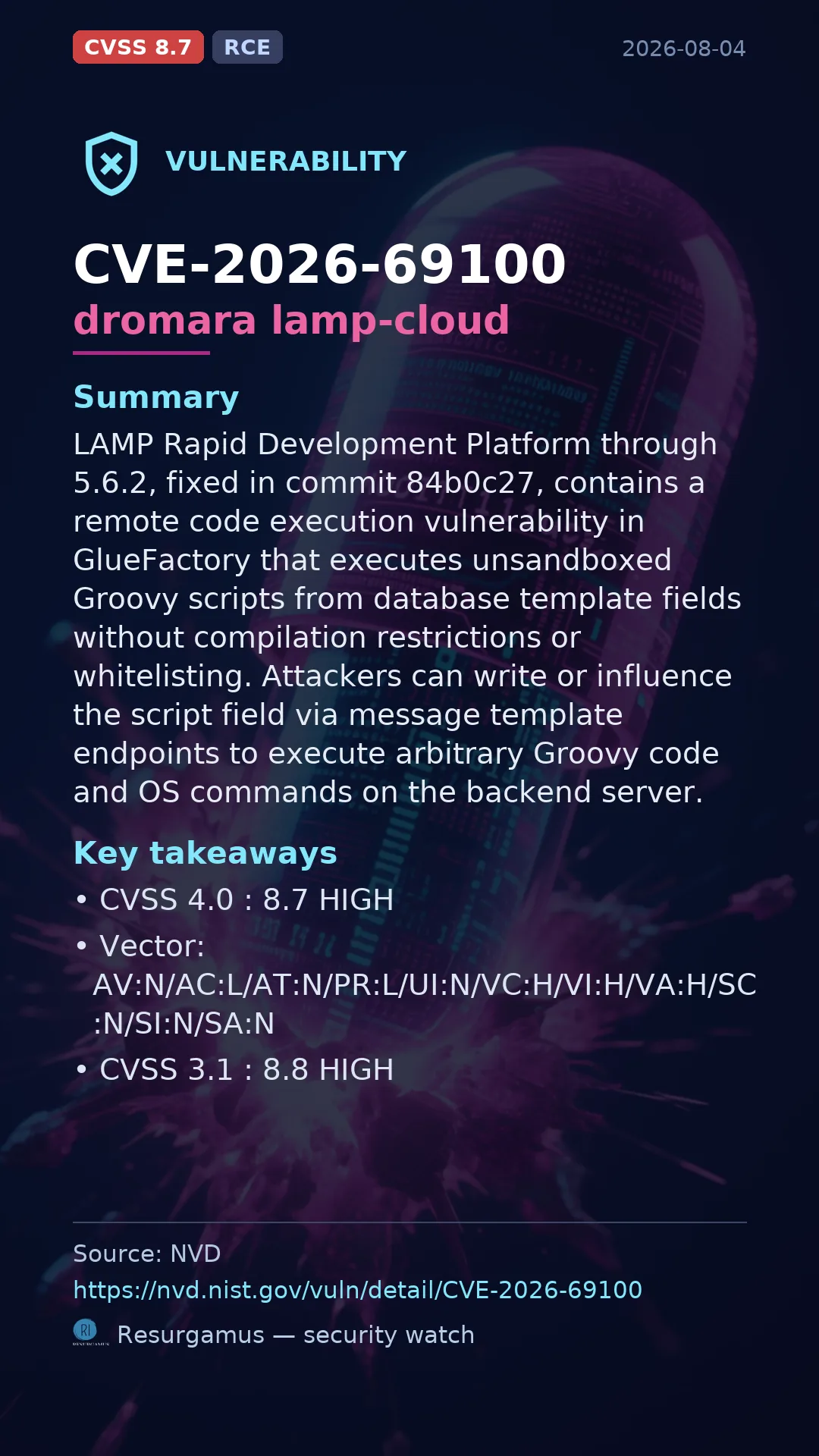 CVE-2026-69100 dromara lamp-cloud Vulnerability