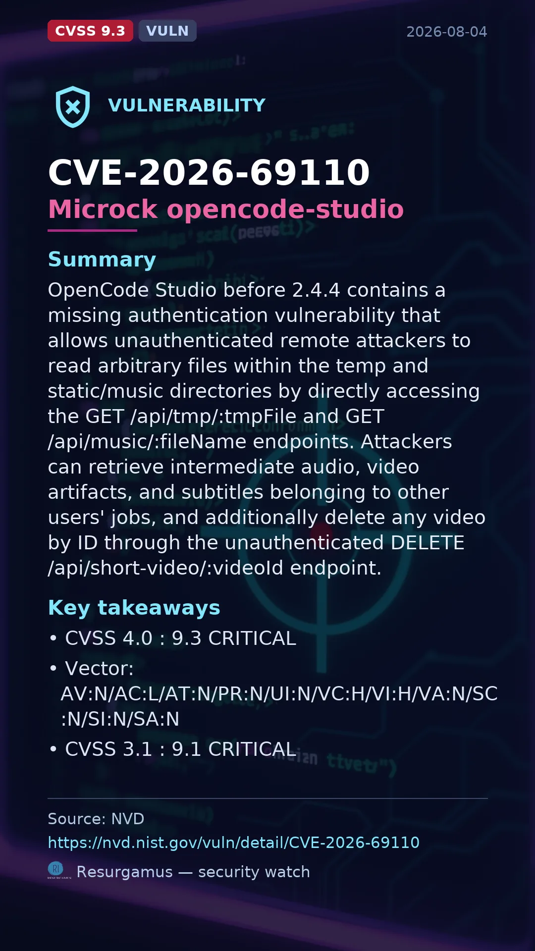 CVE-2026-69110 Microck opencode-studio Vulnerability