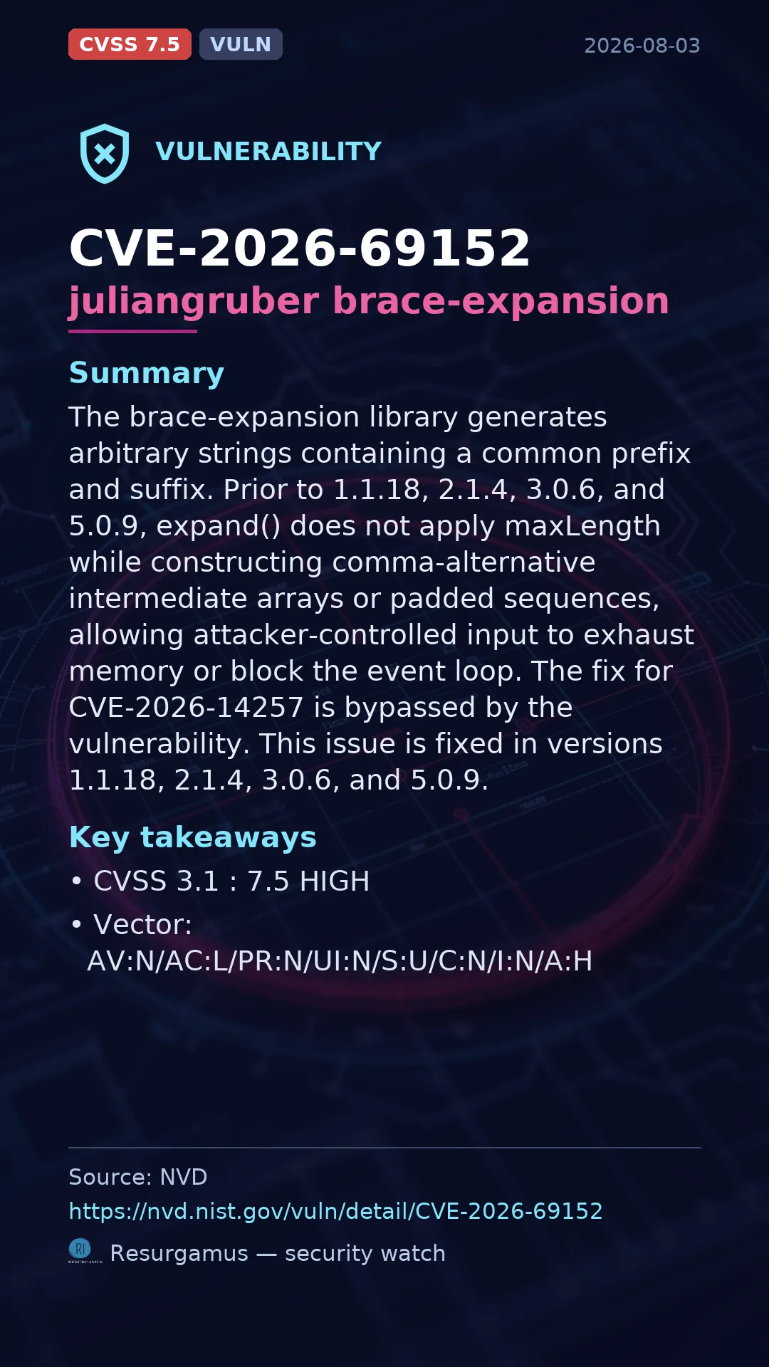 CVE-2026-69152 juliangruber brace-expansion Vulnerability