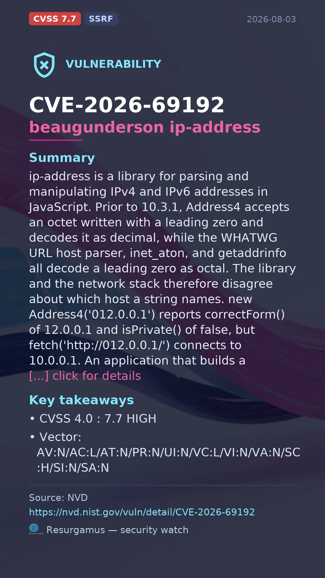 CVE-2026-69192 beaugunderson ip-address Vulnerability