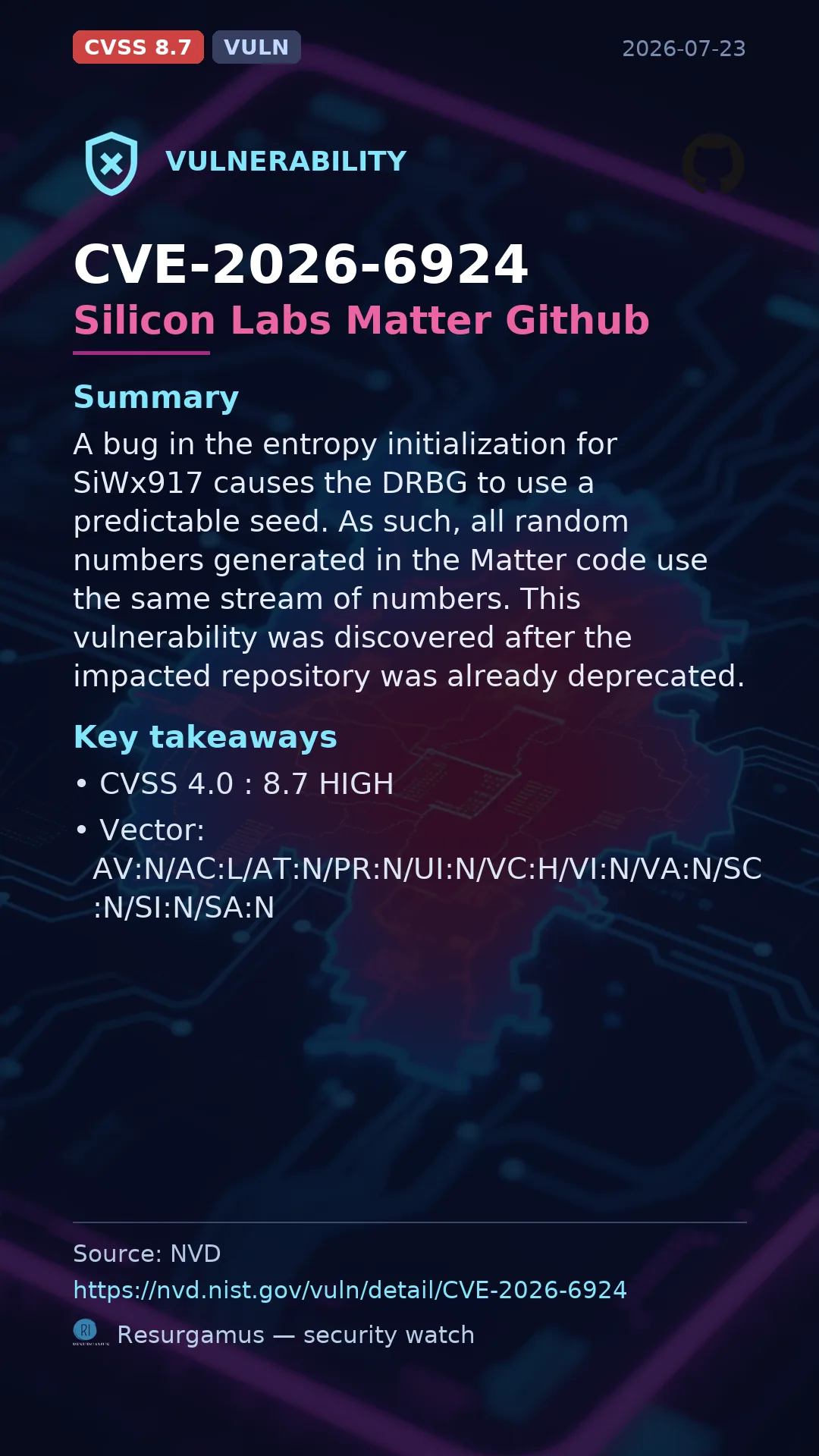 CVE-2026-6924 - Silicon Labs Matter Github vulnerability