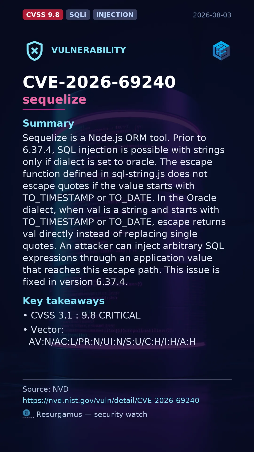 CVE-2026-69240 sequelize Vulnerability