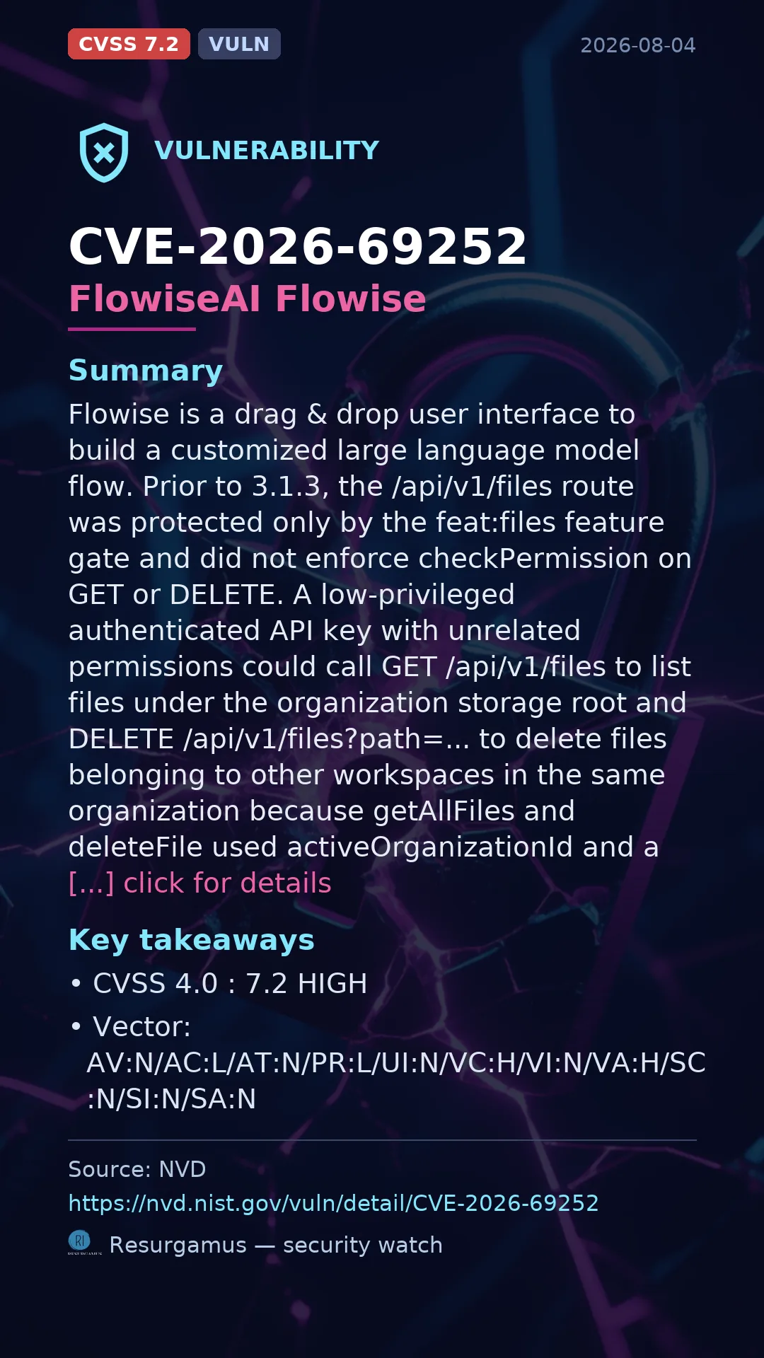CVE-2026-69252 FlowiseAI Flowise Vulnerability