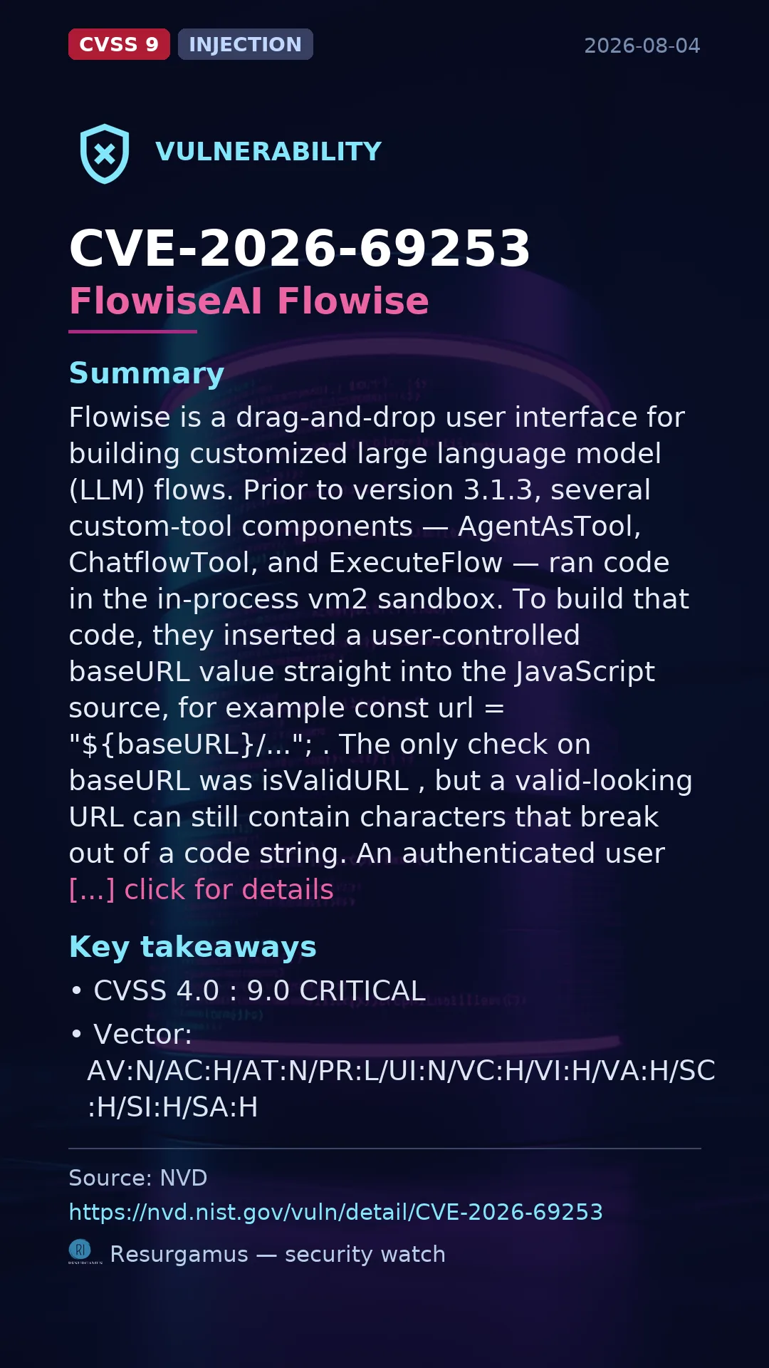 CVE-2026-69253 FlowiseAI Flowise Vulnerability