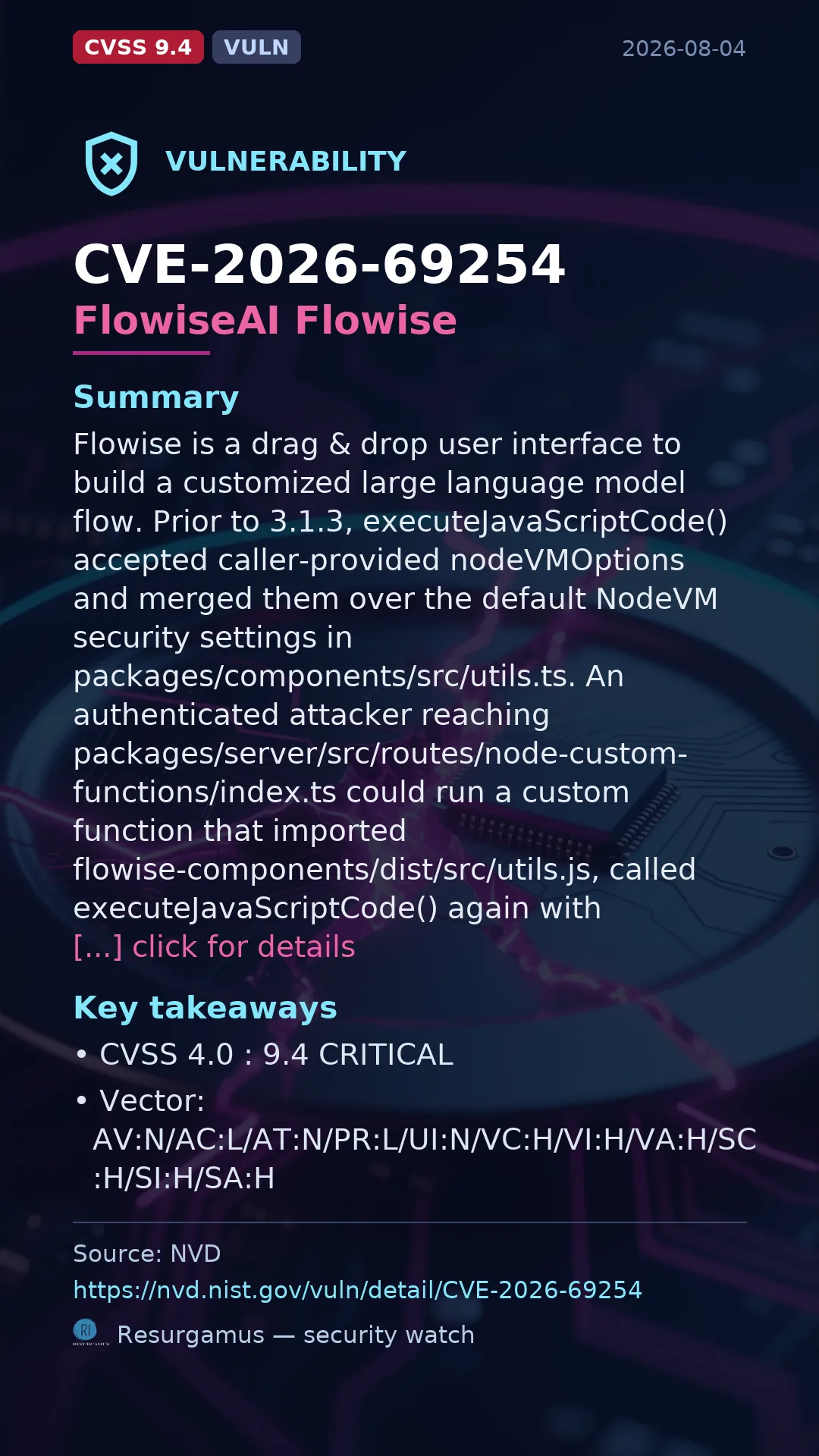 CVE-2026-69254 FlowiseAI Flowise Vulnerability