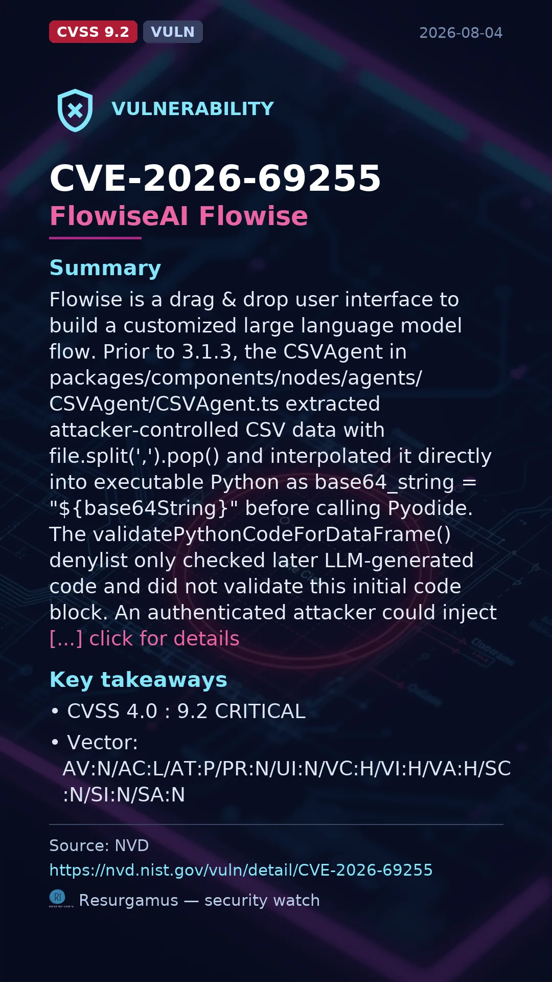 CVE-2026-69255 FlowiseAI Flowise Vulnerability
