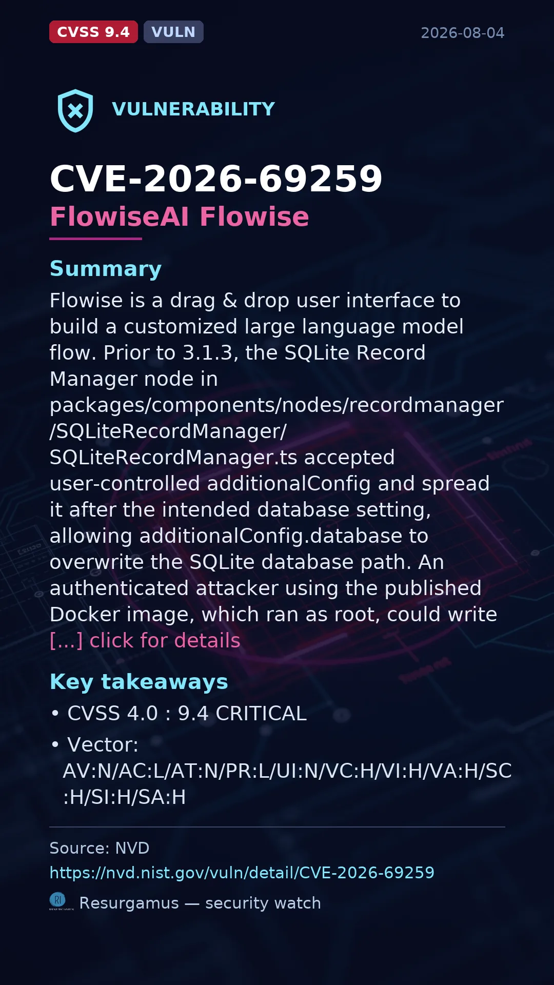 CVE-2026-69259 FlowiseAI Flowise Vulnerability