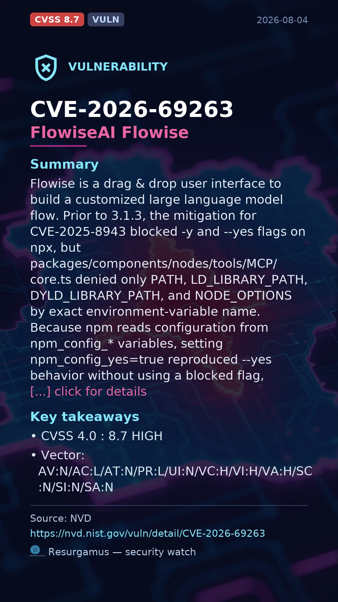 CVE-2026-69263 FlowiseAI Flowise Vulnerability