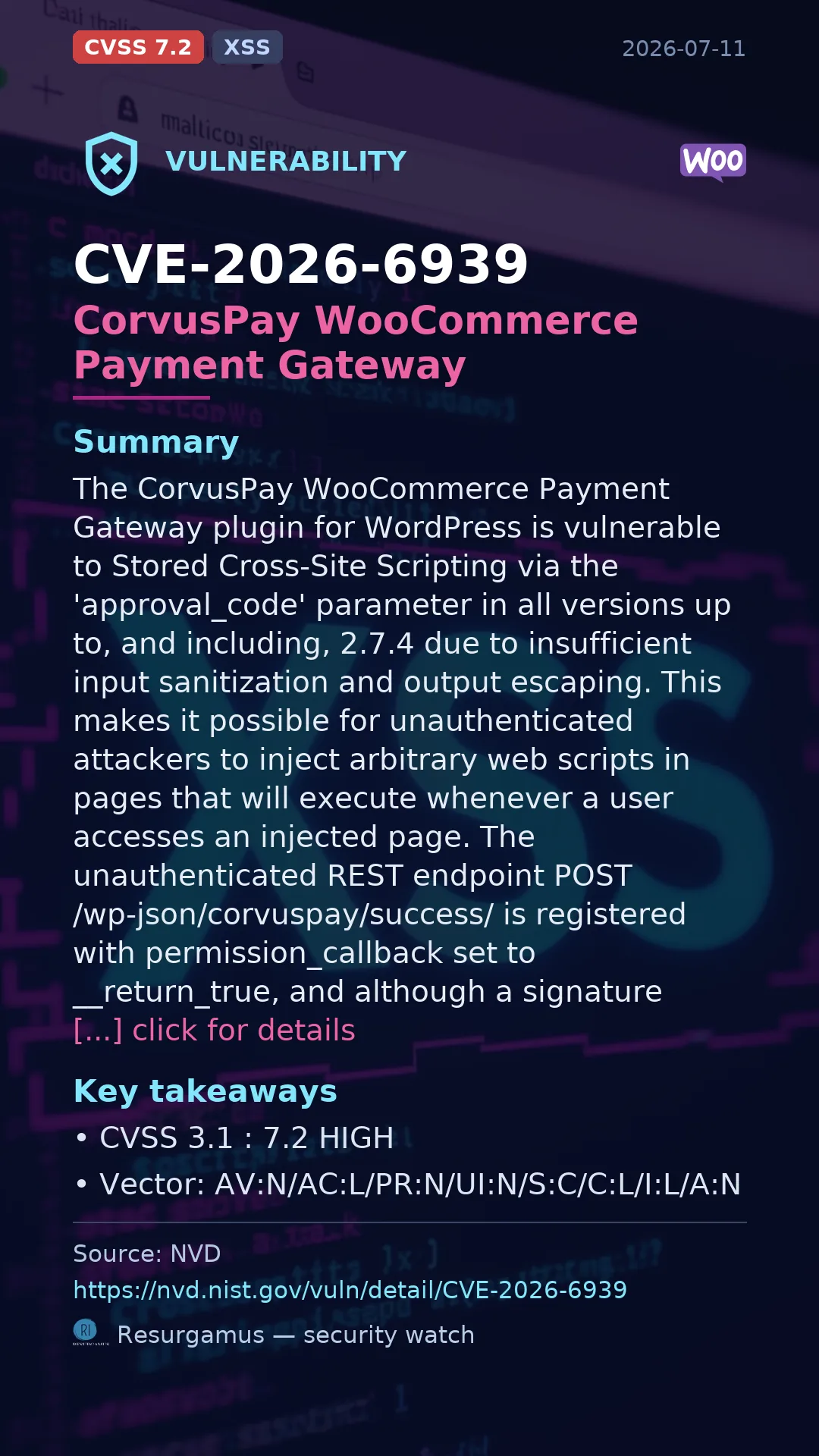 CVE-2026-6939 CorvusPay WooCommerce Payment Gateway Vulnerability