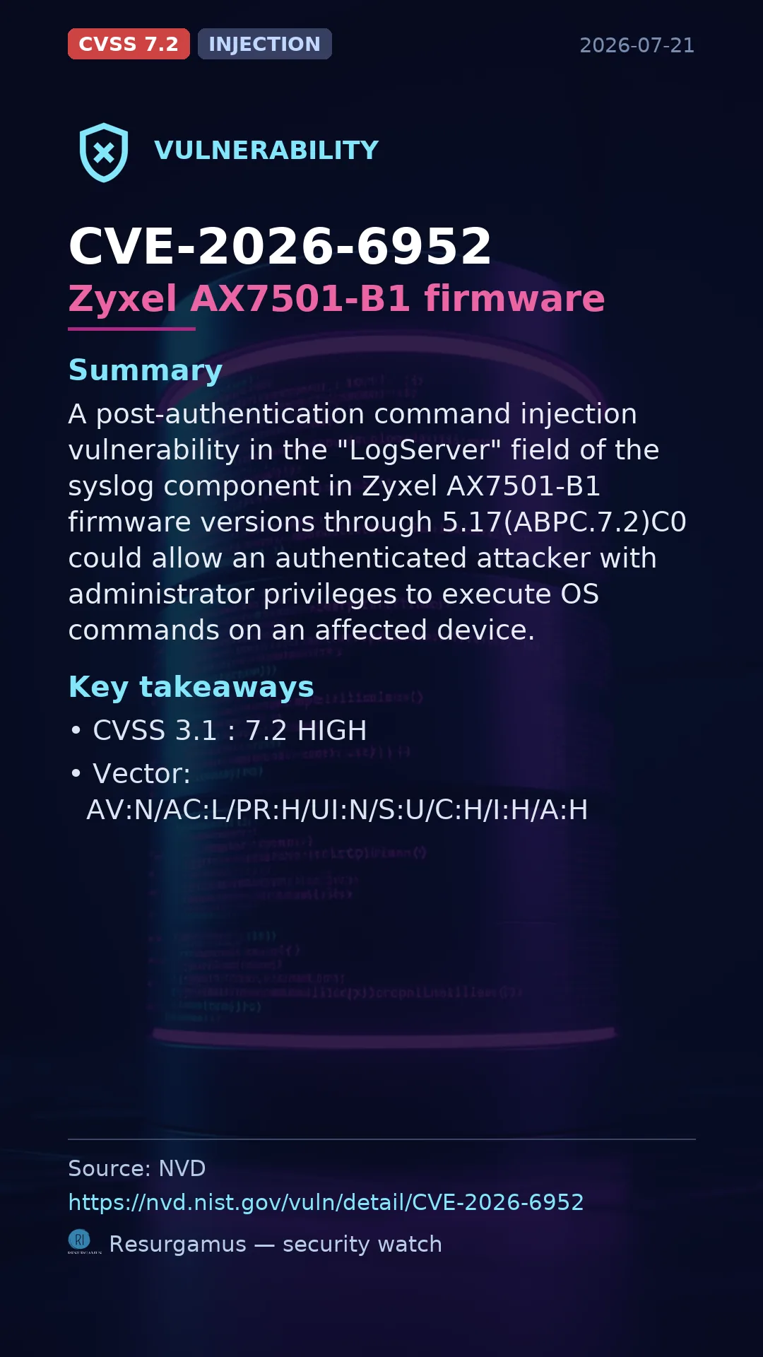 CVE-2026-6952 Zyxel AX7501-B1 firmware Vulnerability