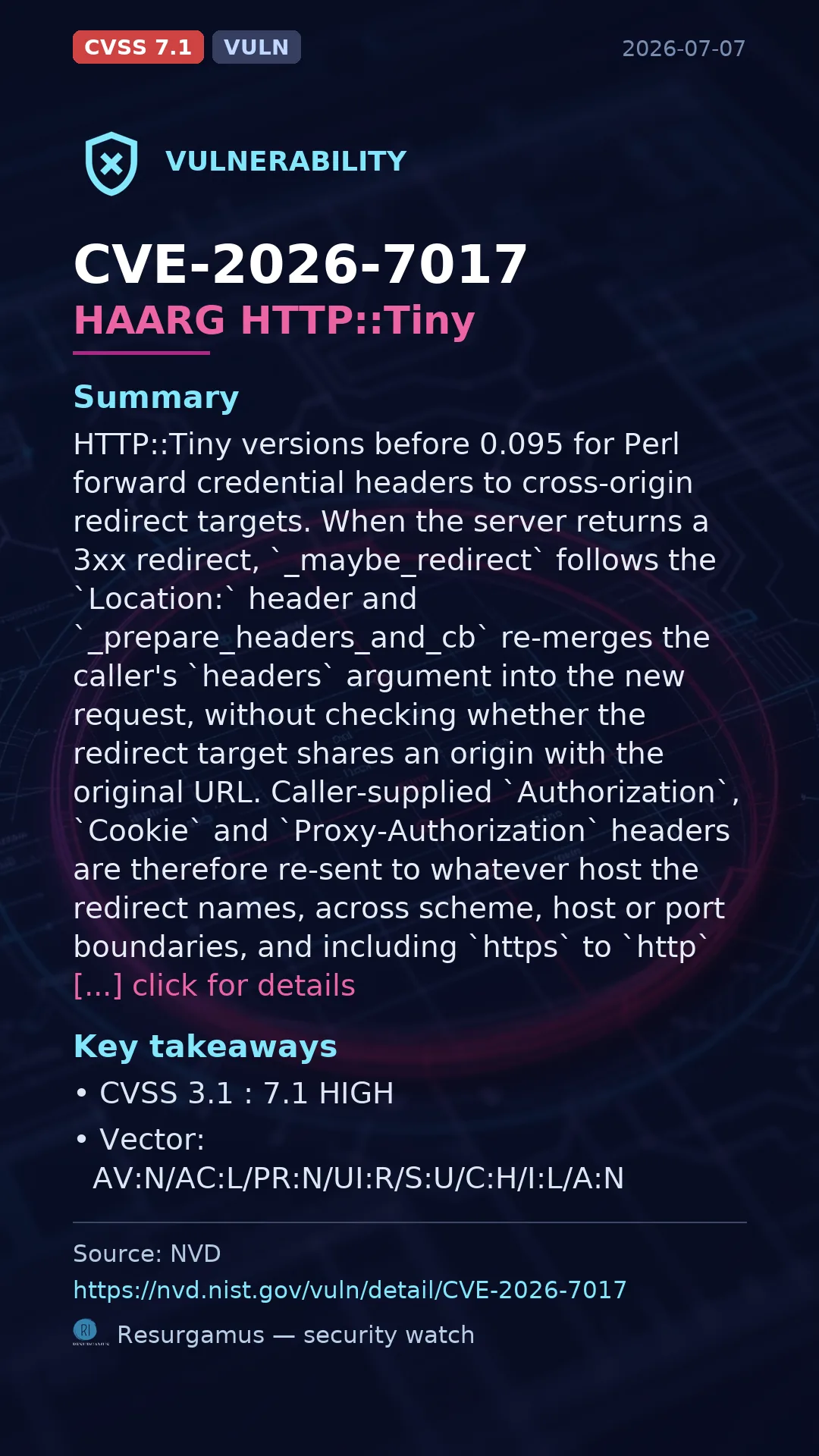 CVE-2026-7017 HAARG HTTP::Tiny Vulnerability