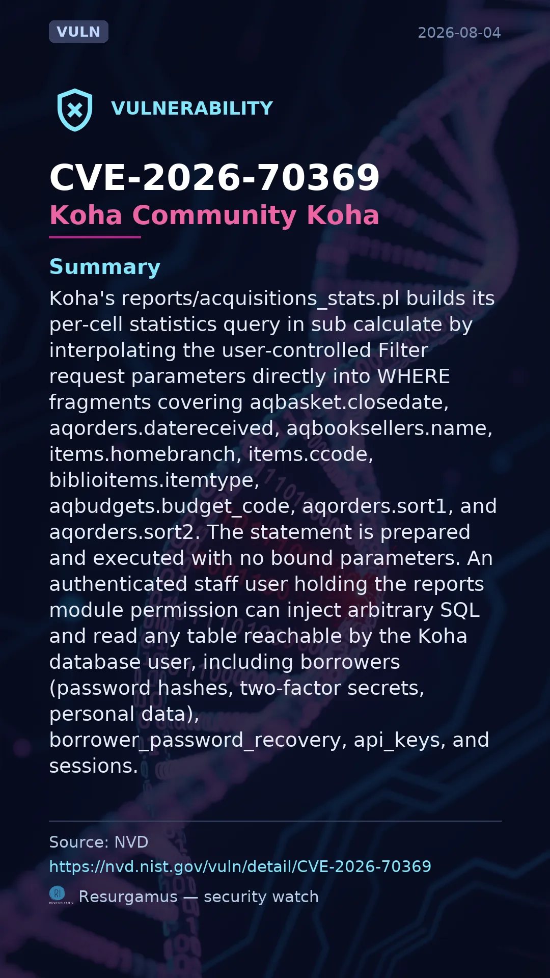 CVE-2026-70369 Koha Community Koha Vulnerability