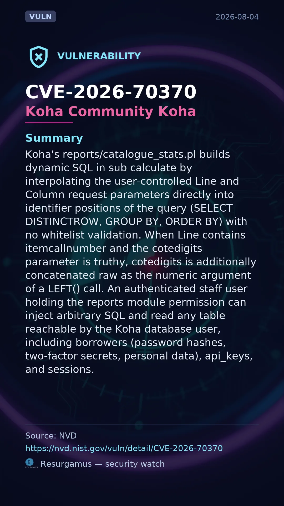 CVE-2026-70370 Koha Community Koha Vulnerability
