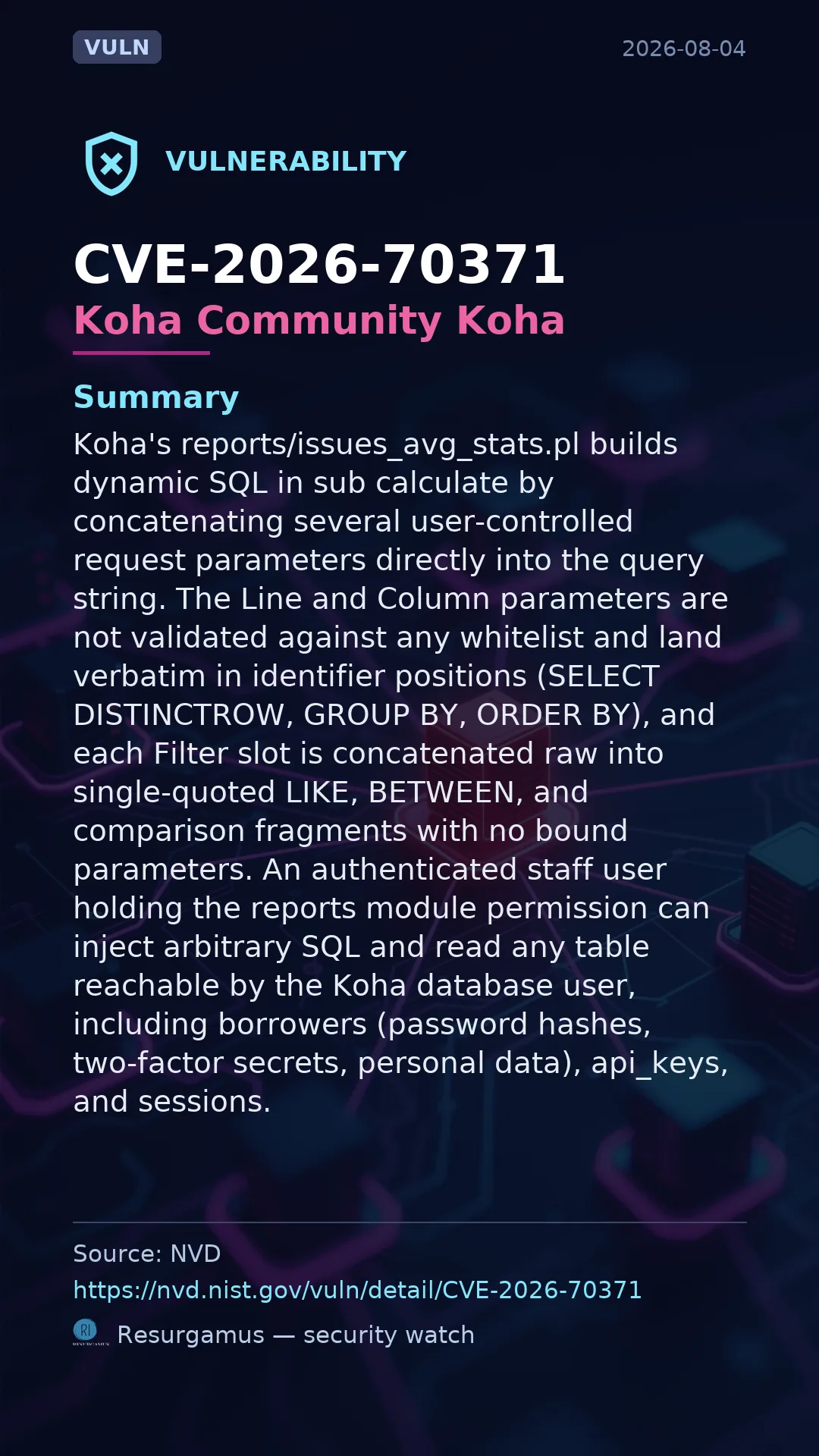 CVE-2026-70371 Koha Community Koha Vulnerability