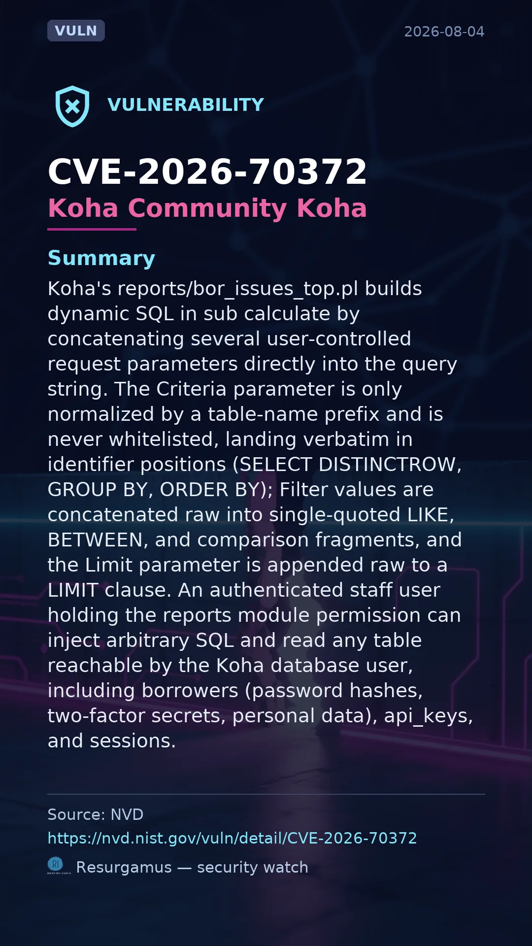 CVE-2026-70372 Koha Community Koha Vulnerability