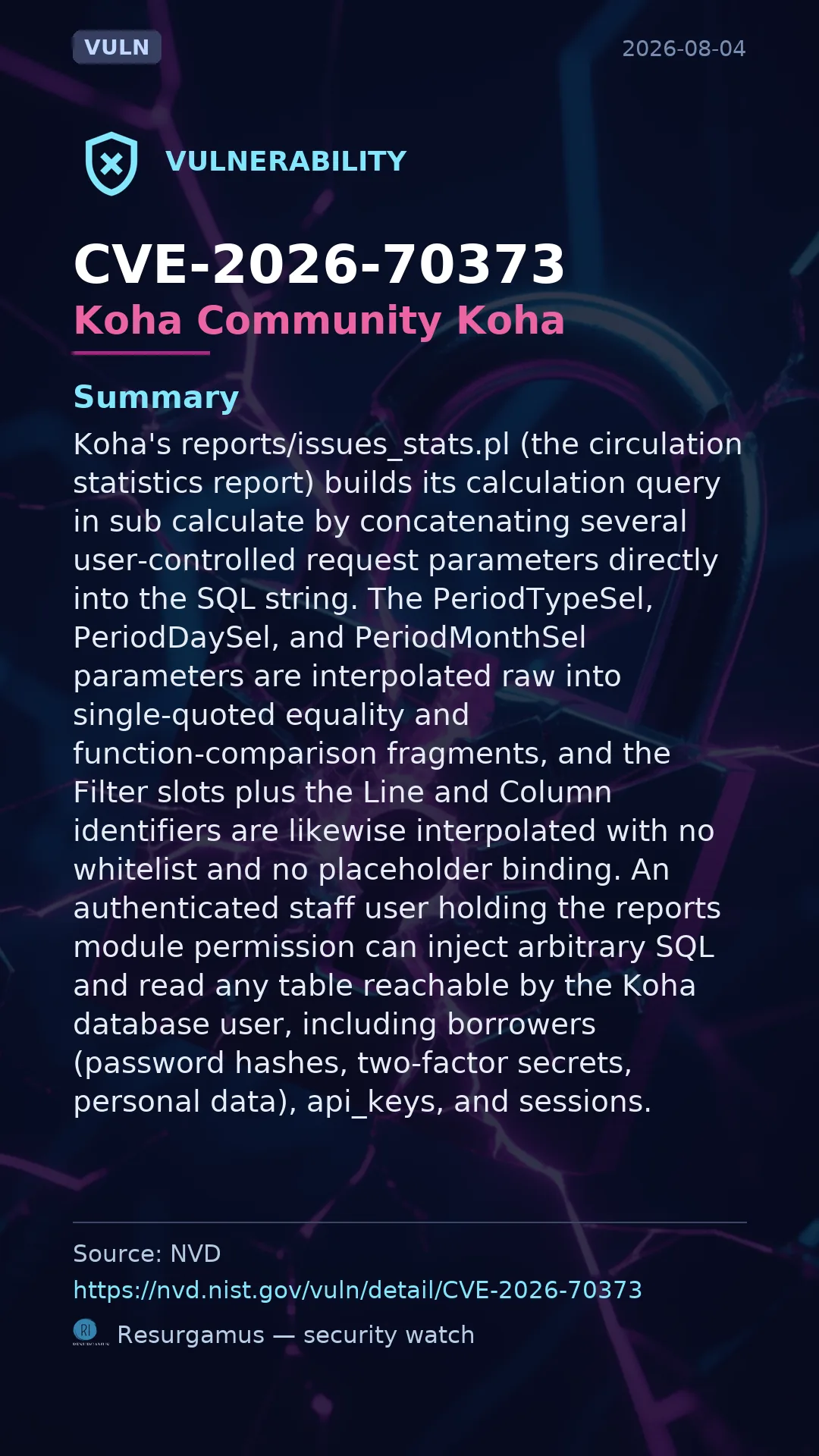 CVE-2026-70373 Koha Community Koha Vulnerability
