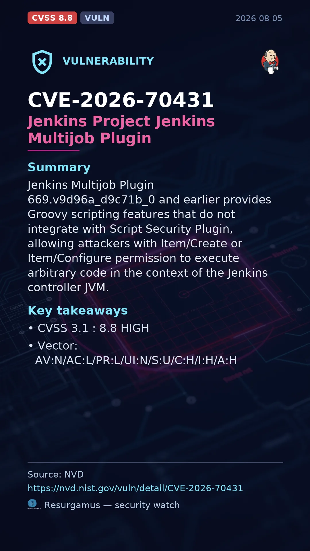 CVE-2026-70431 Jenkins Project Jenkins Multijob Plugin Vulnerability