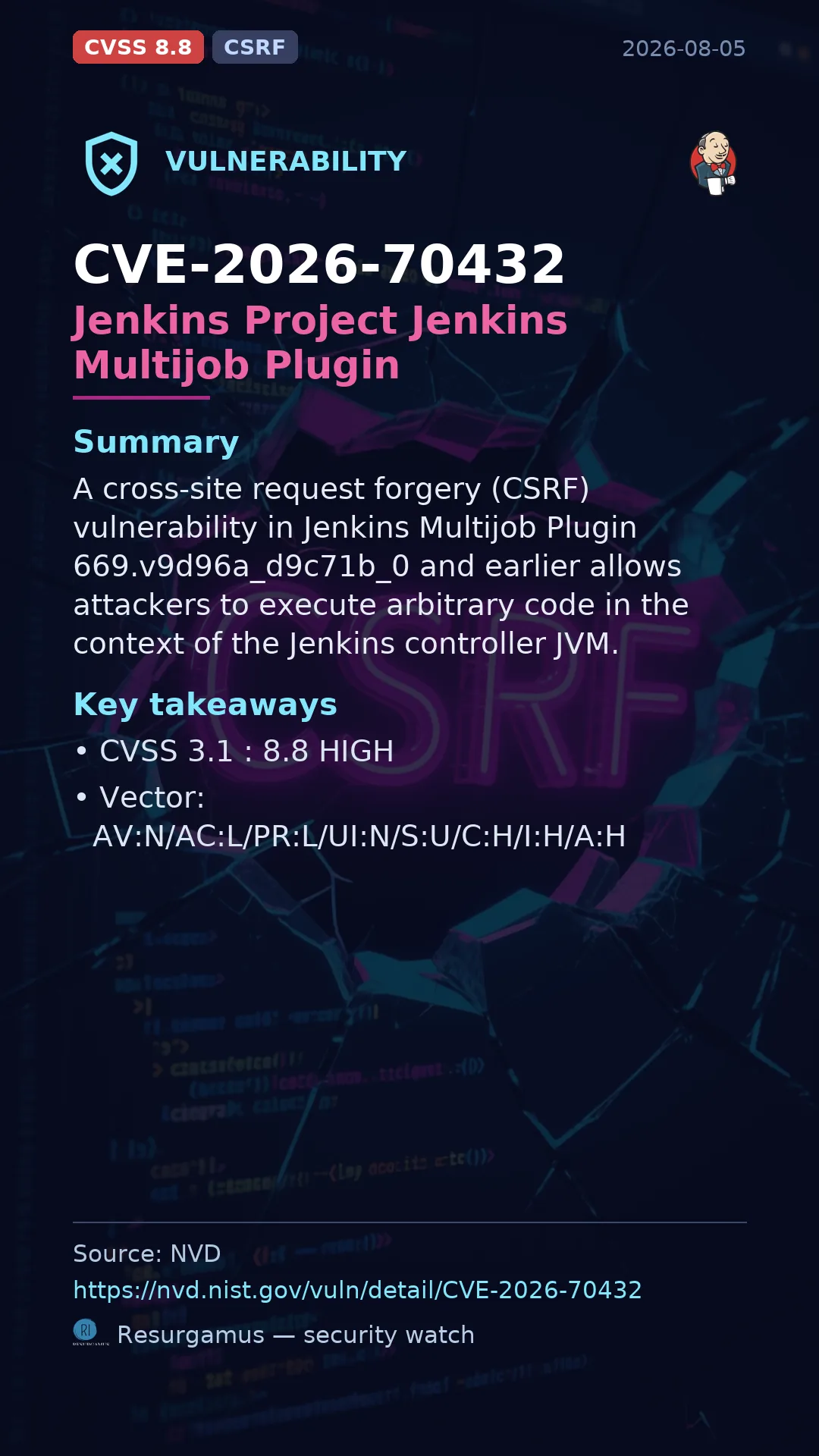 CVE-2026-70432 Jenkins Project Jenkins Multijob Plugin Vulnerability