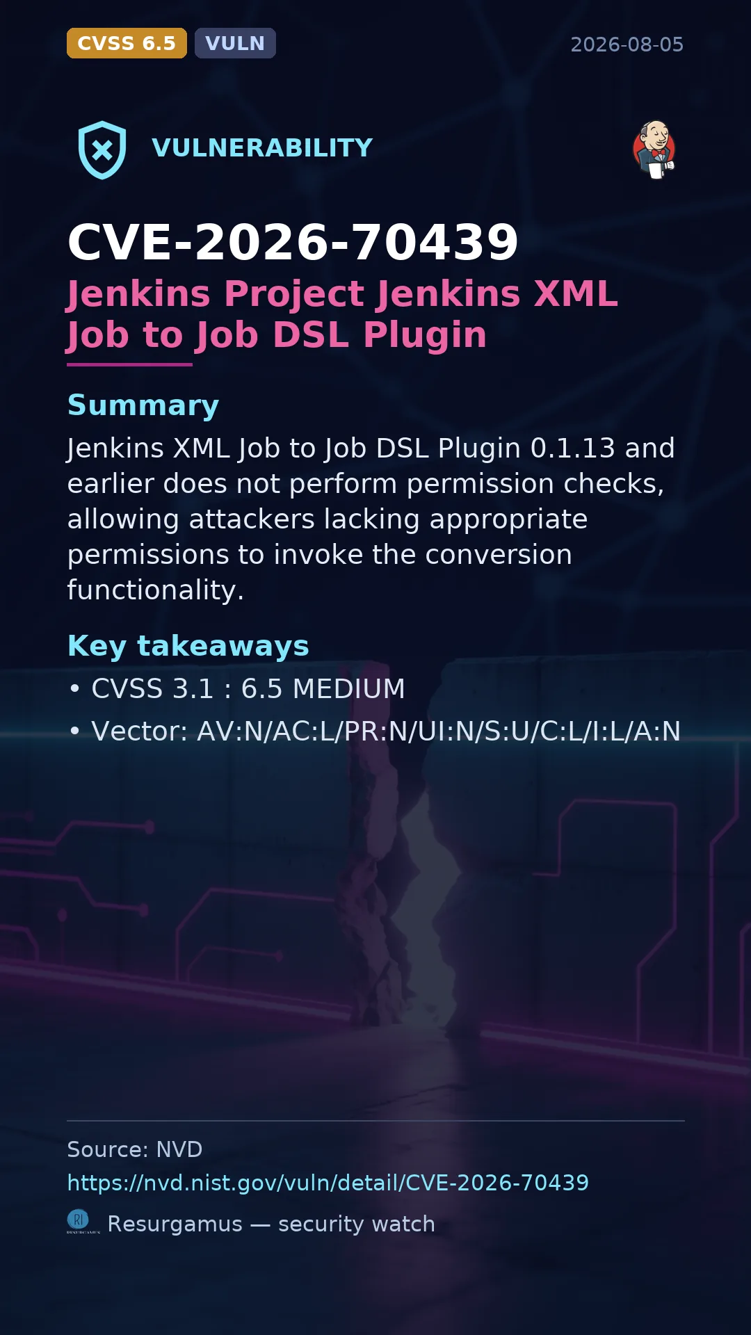 CVE-2026-70439 Jenkins Project Jenkins XML Job to Job DSL Plugin Vulnerability