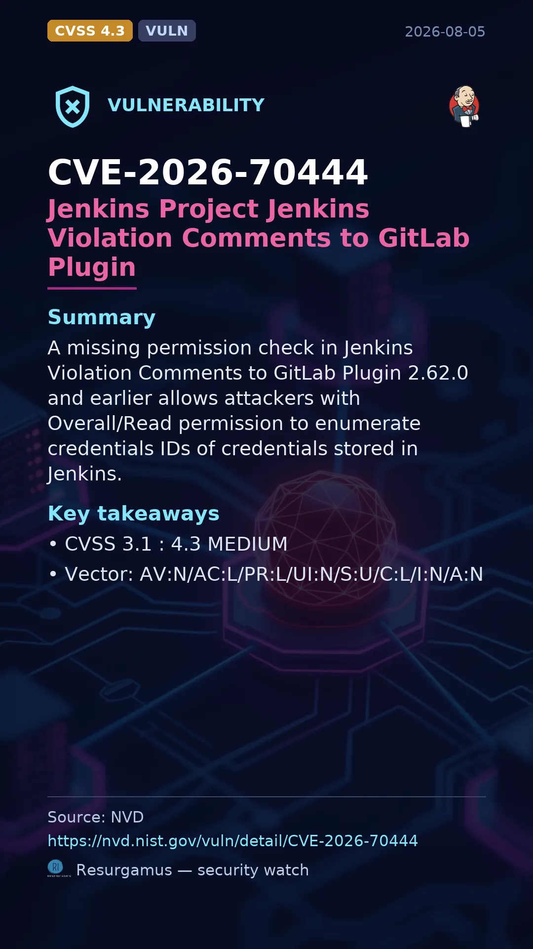 CVE-2026-70444 Jenkins Project Jenkins Violation Comments to GitLab Plugin Vulnerability
