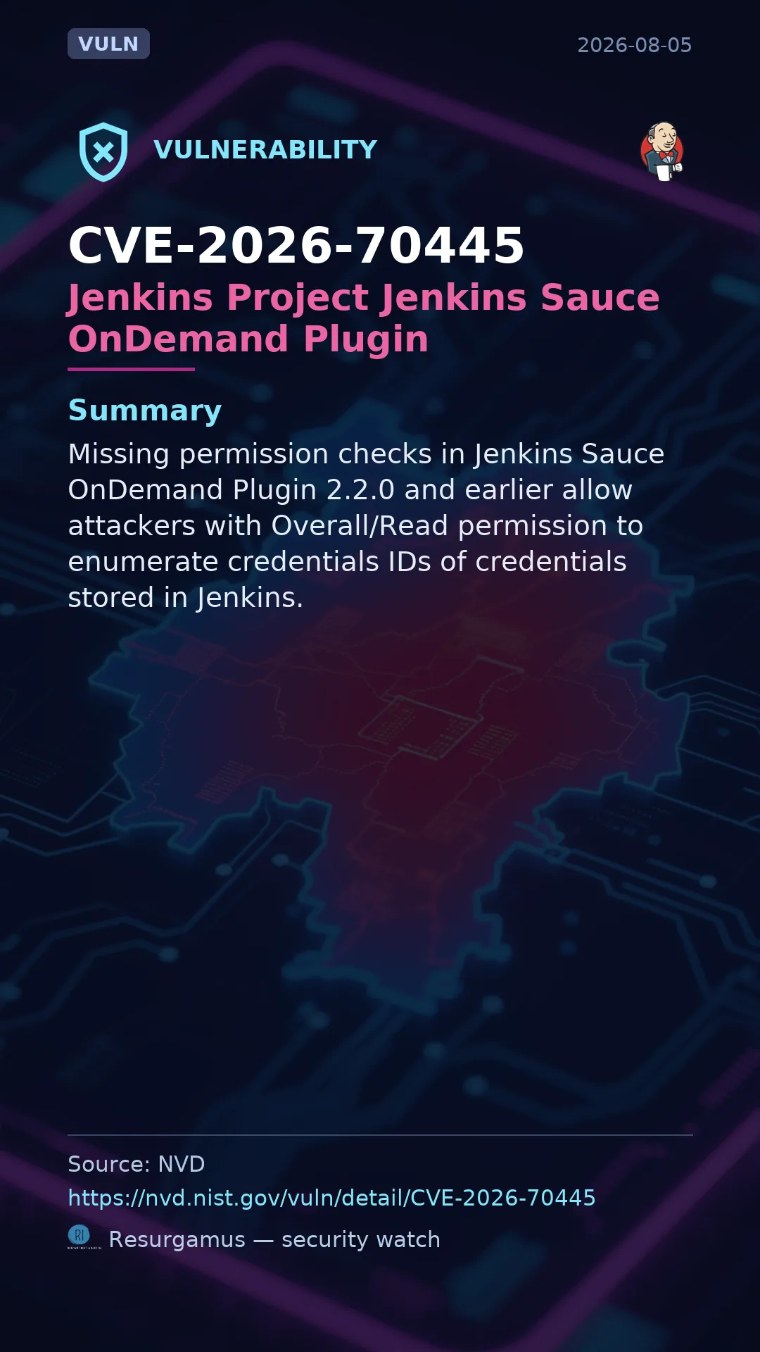 CVE-2026-70445 Jenkins Project Jenkins Sauce OnDemand Plugin Vulnerability