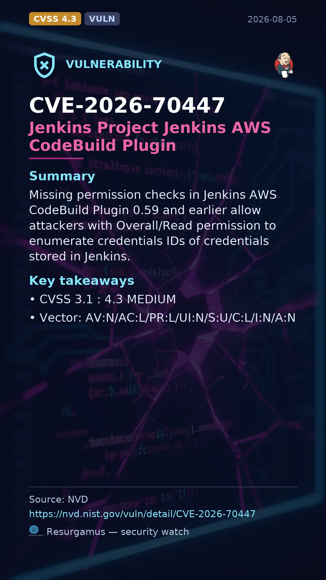 CVE-2026-70447 Jenkins Project Jenkins AWS CodeBuild Plugin Vulnerability