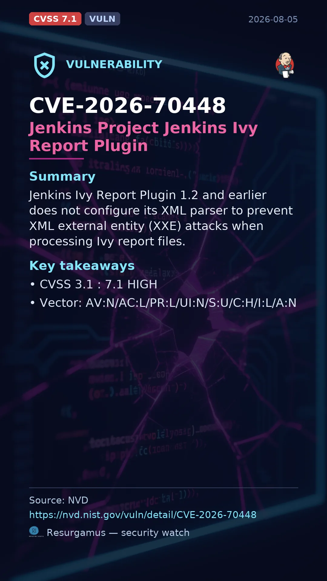 CVE-2026-70448 Jenkins Project Jenkins Ivy Report Plugin Vulnerability